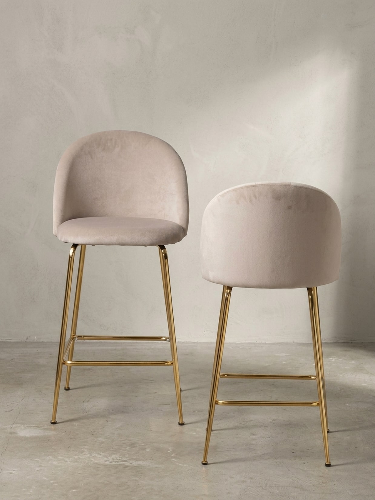 Barhocker 2er Set Samt Lehne Goldgestell Skandi-Stil Gepolstert, Beige 50x50x102 cm