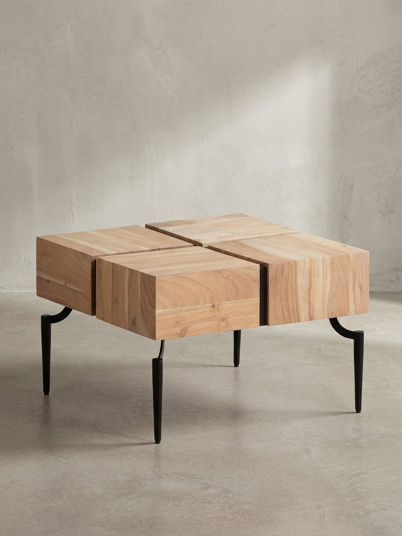 Couchtisch Massivholz Quadratisch Metallgestell W&uuml;rfel-Form Modern, Akazie 60x60x40 cm 