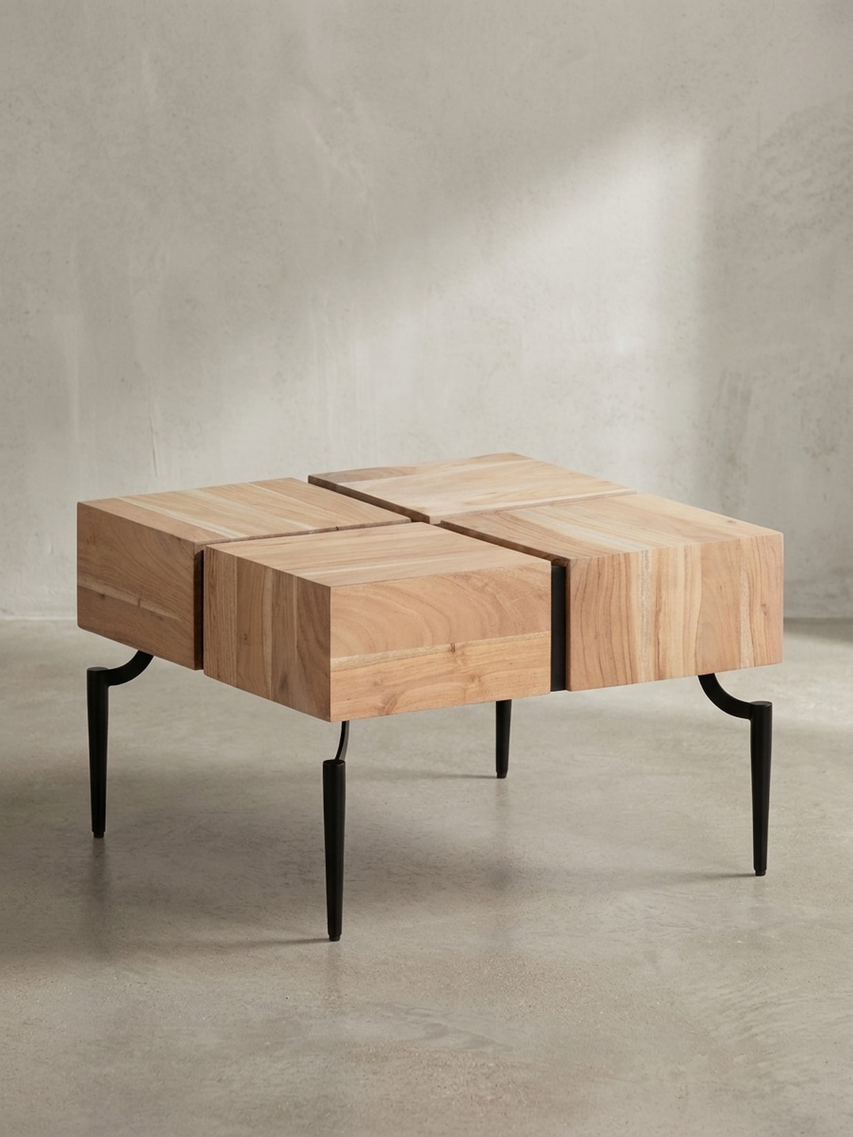 Couchtisch Massivholz Quadratisch Metallgestell Würfel-Form Modern, Akazie 60x60x40 cm