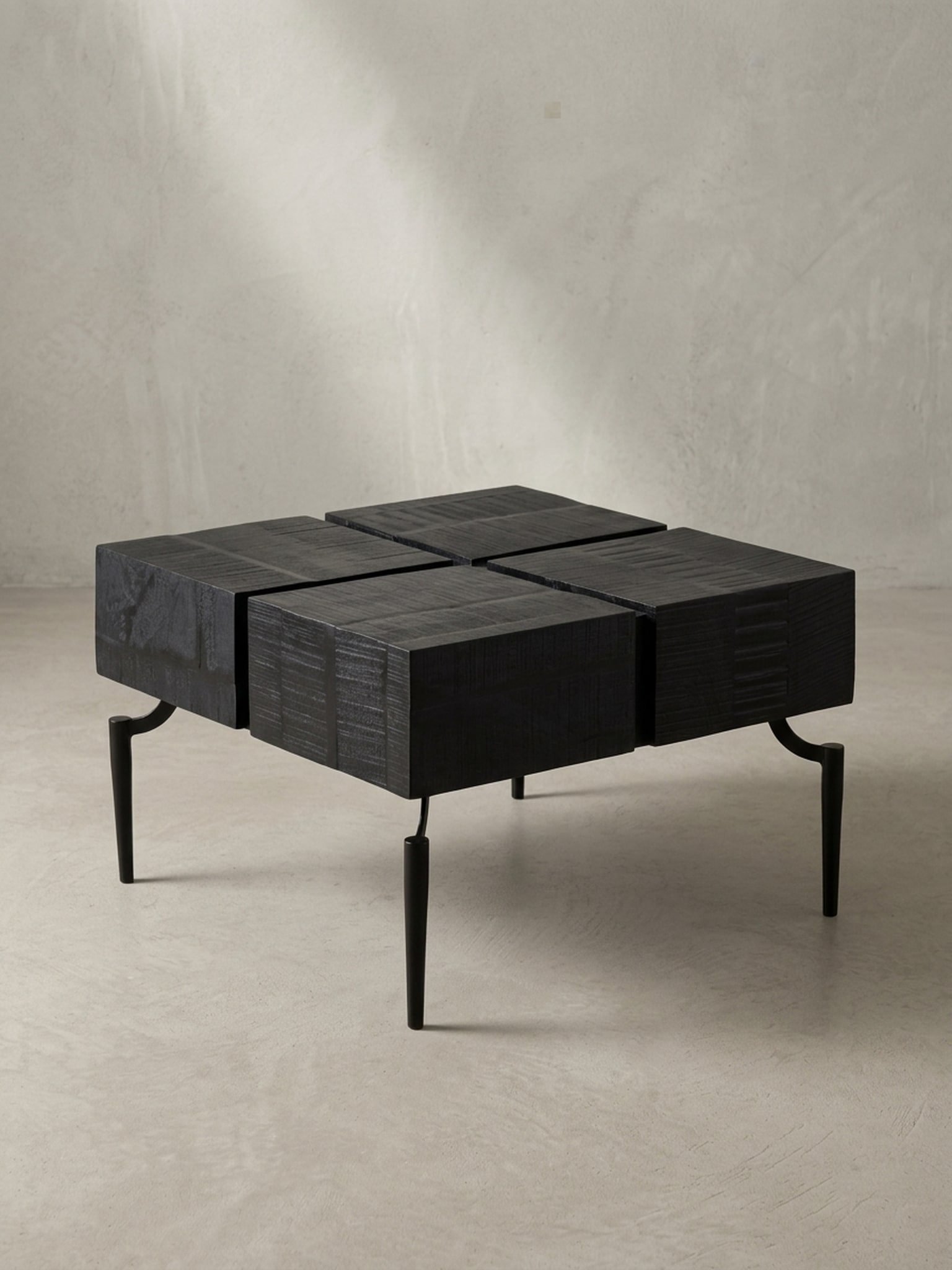 Couchtisch Massivholz Quadratisch Metallgestell W&uuml;rfel-Form Modern, Schwarz 60x60x40 cm 