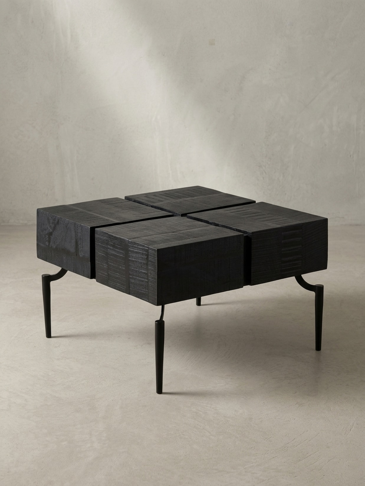 Couchtisch Massivholz Quadratisch Metallgestell Würfel-Form Modern, Schwarz 60x60x40 cm