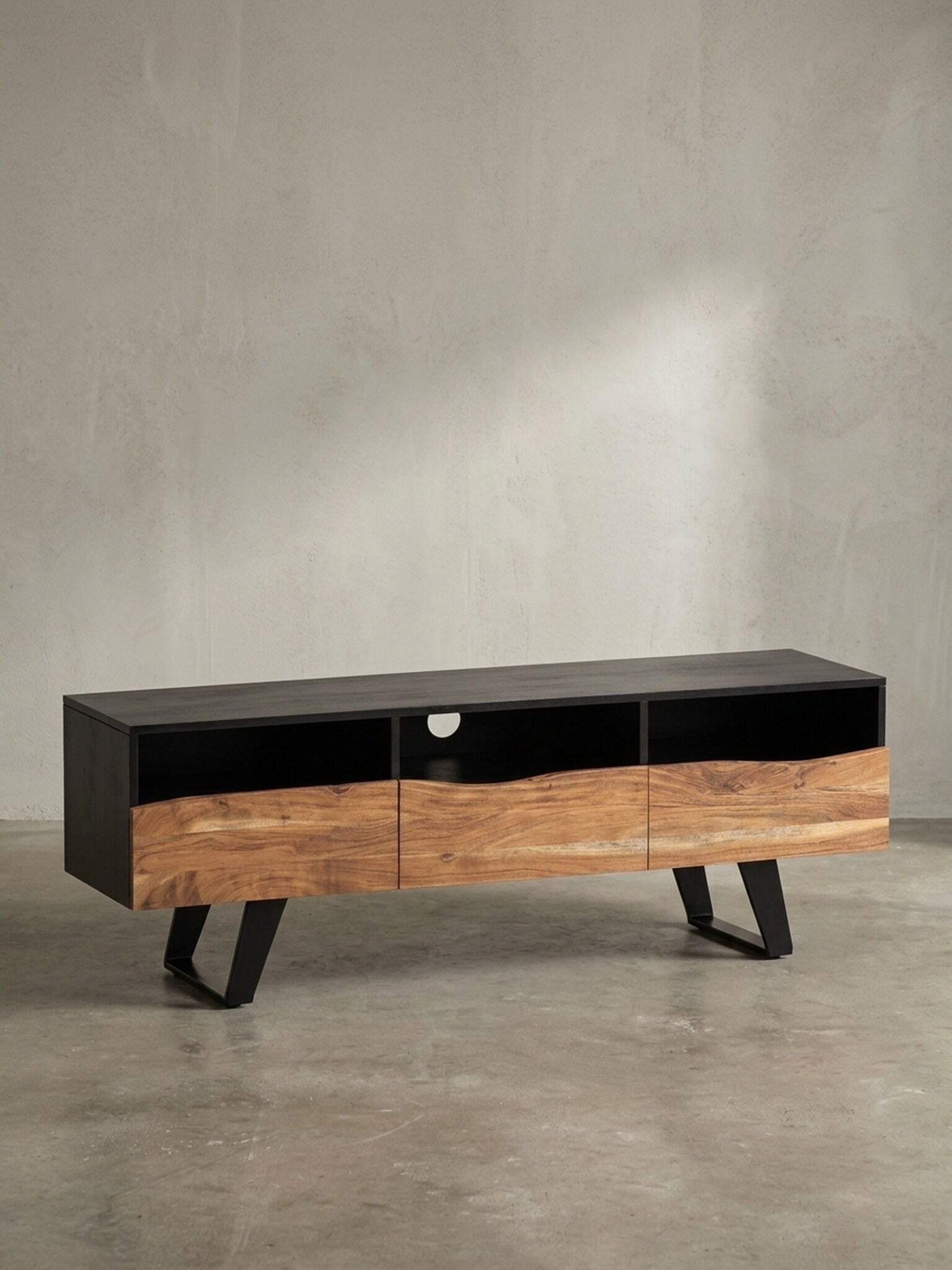 Lowboard Akazie Massivholz Modern Stil 140x50x40 cm Baumkante mit Schublade und T&uuml;ren 