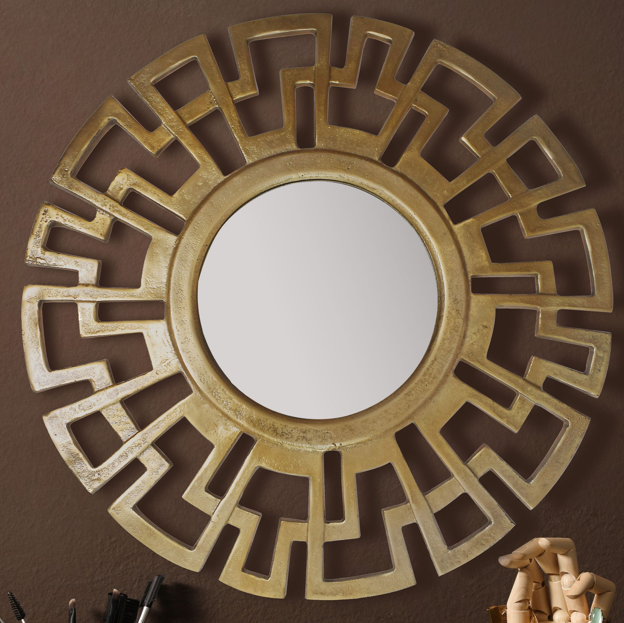 Wandspiegel Rund Metall Gold 60 cm Art d&eacute;co Stil 