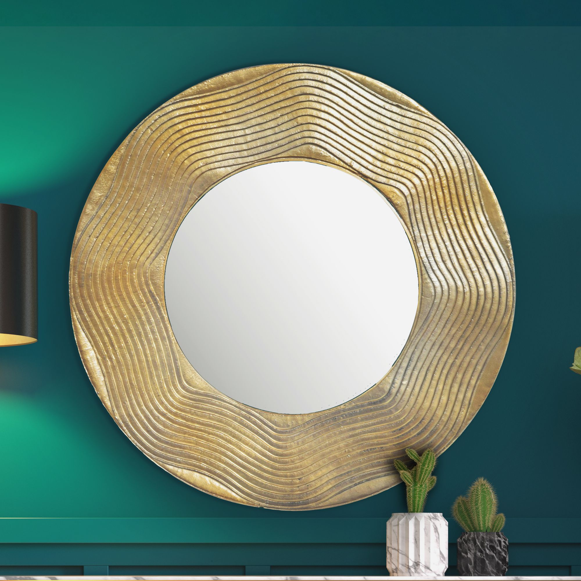 Wandspiegel Rund Metall Gold 74 cm Wellenmuster 