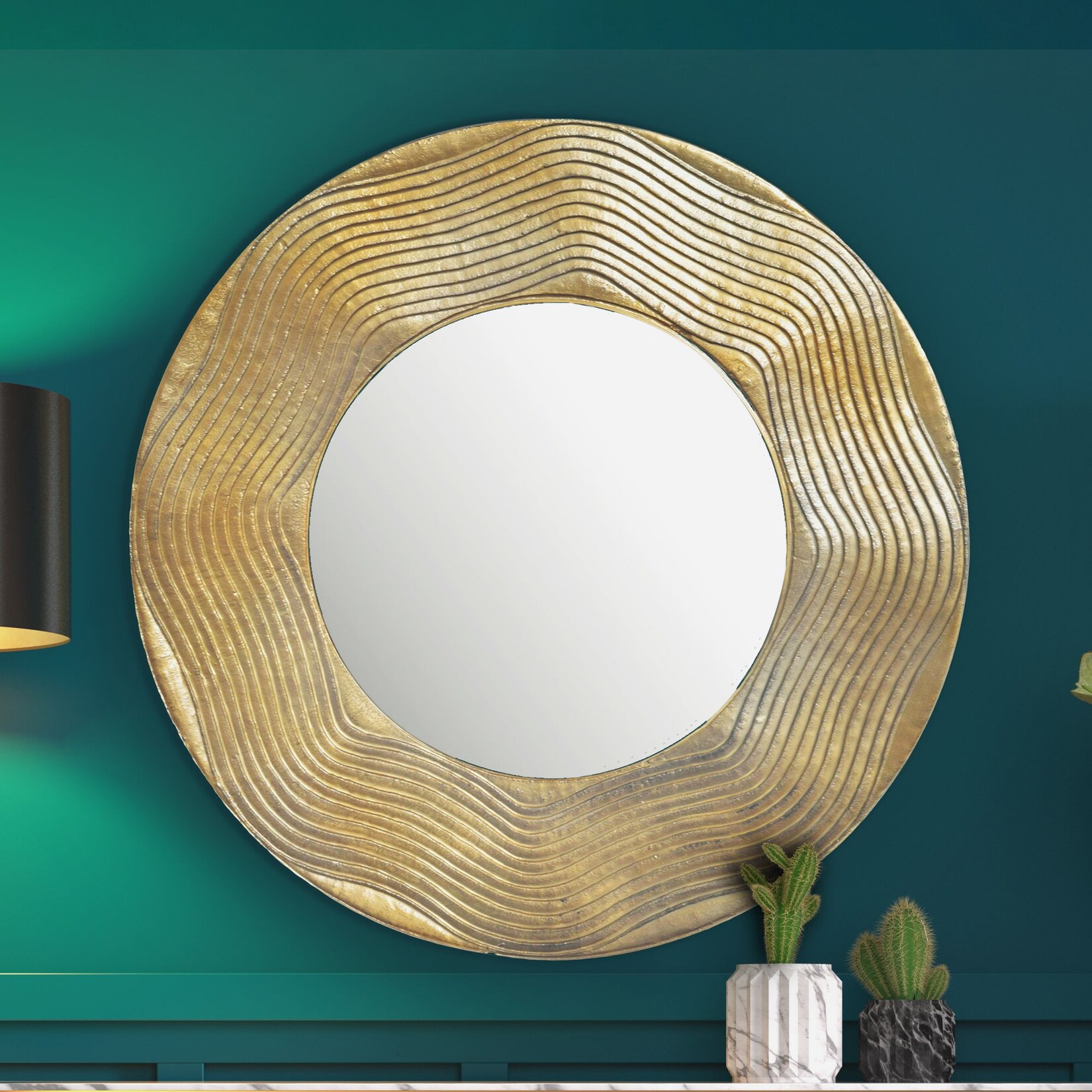 Wandspiegel Rund Metall Gold 74 cm Wellenmuster