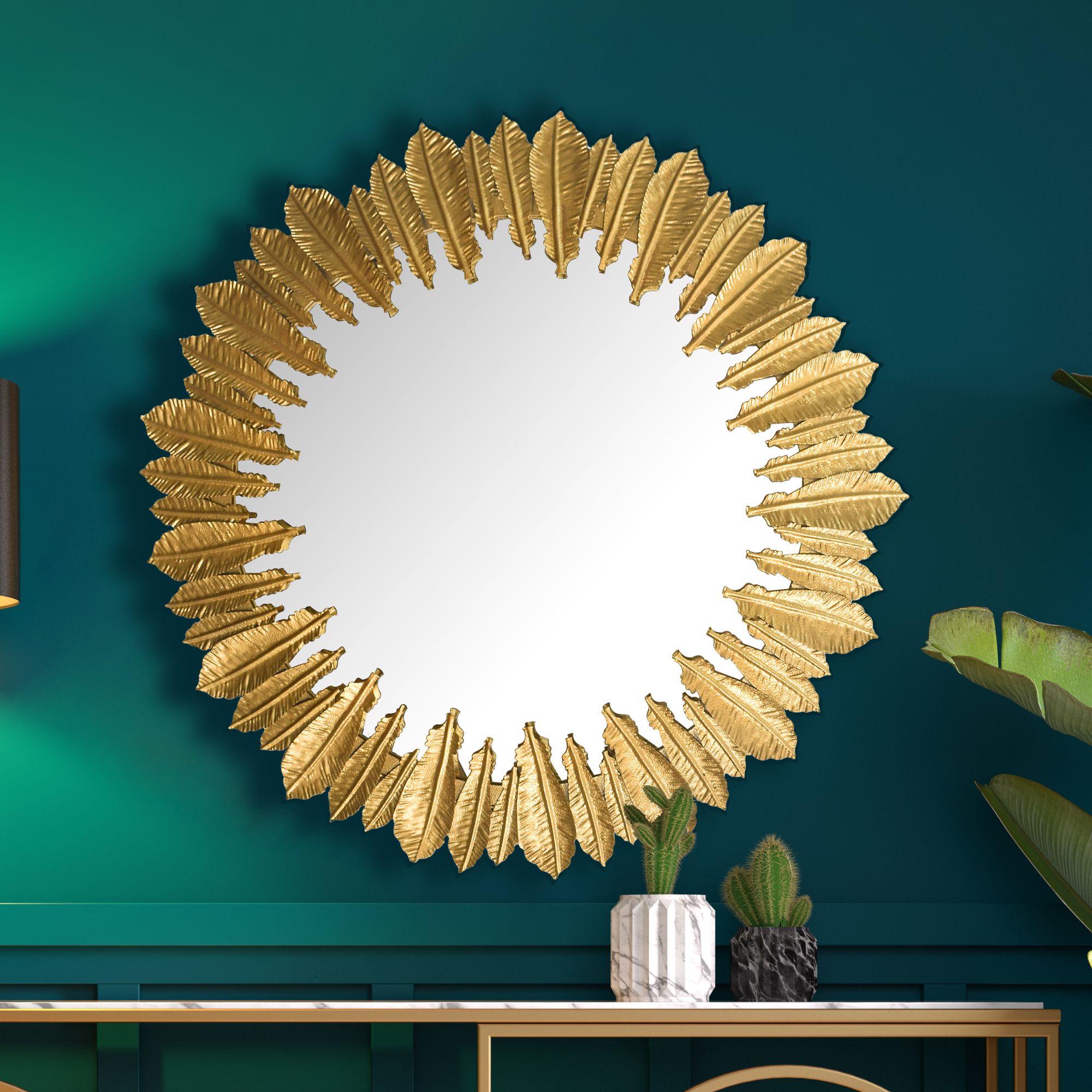 Wandspiegel Rund Metall Gold 68 cm Federn-Design 