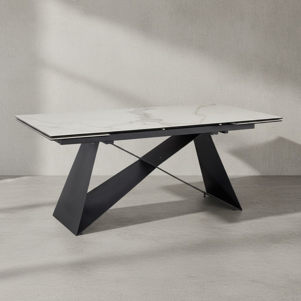Esstisch Ausziehbar Keramik Glas Marmoroptik Rechteckig Groß, Weiß 180x95x78 cm
