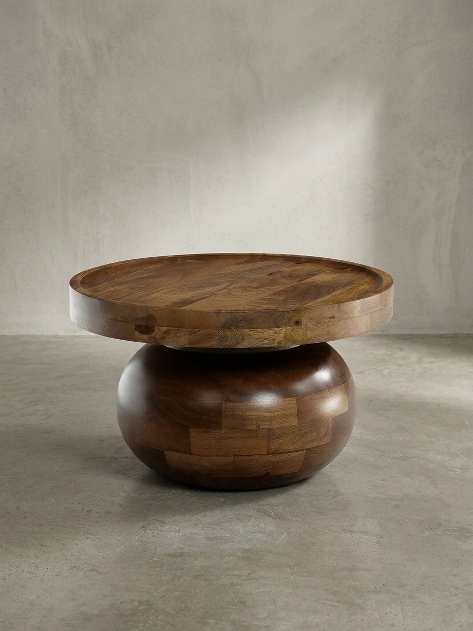 Couchtisch rund in Walnussfarbe, Massivholz Mango, 50x50x30,5 cm, niedrig, modern, nat&uuml;rliche Holzmaserung 