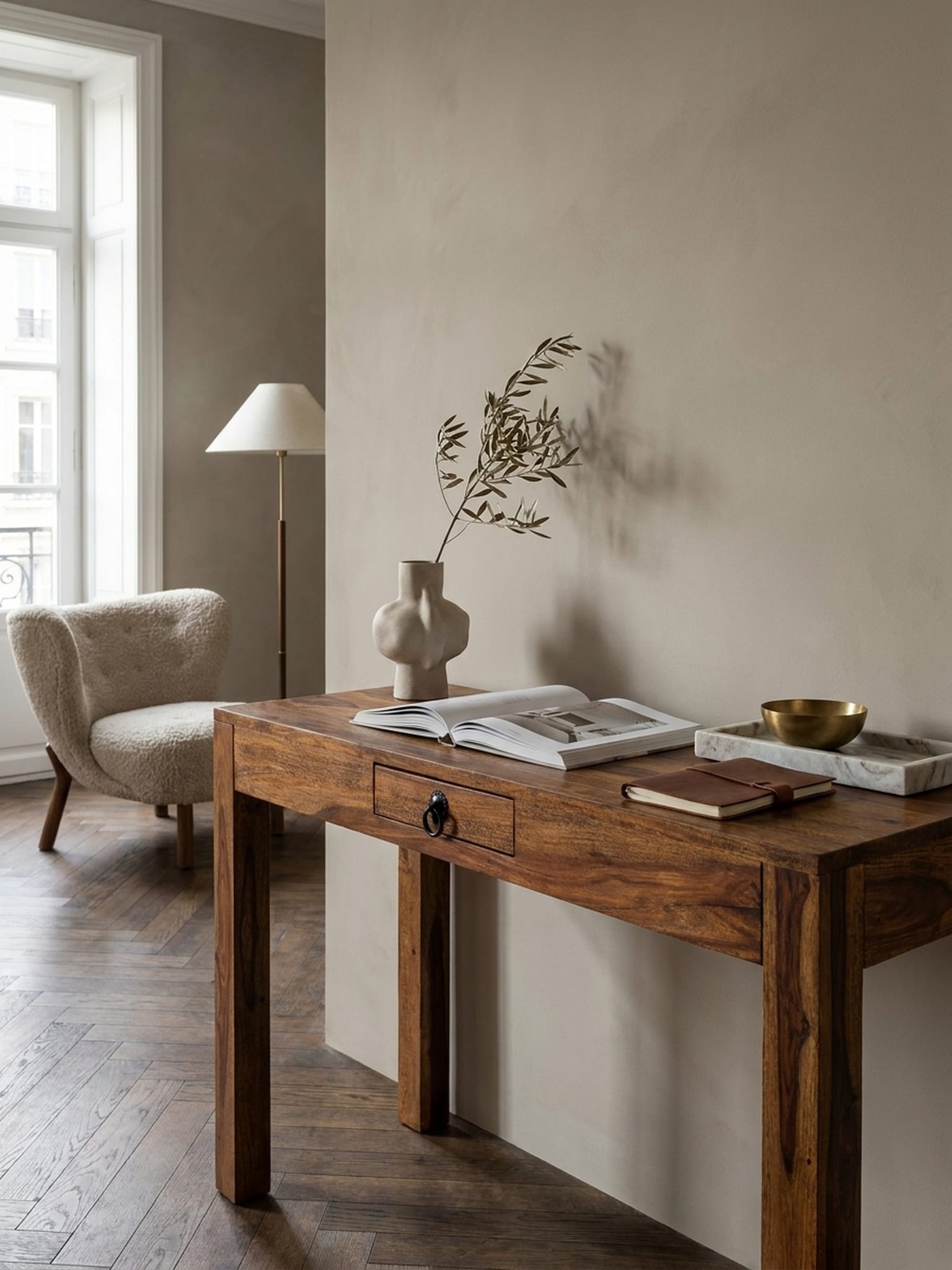 Schreibtisch &ndash; Massivholz, 118x40x76 cm, Schublade, platzsparend 