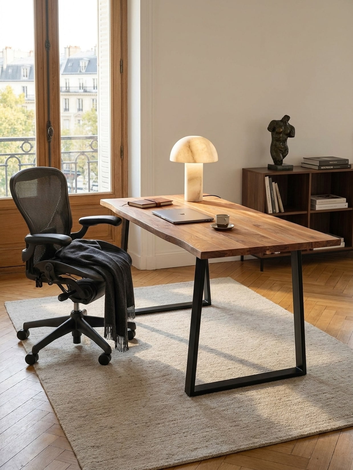 Schreibtisch Massivholz Baumkante Trapezgestell, Akazie 120x60x76 cm