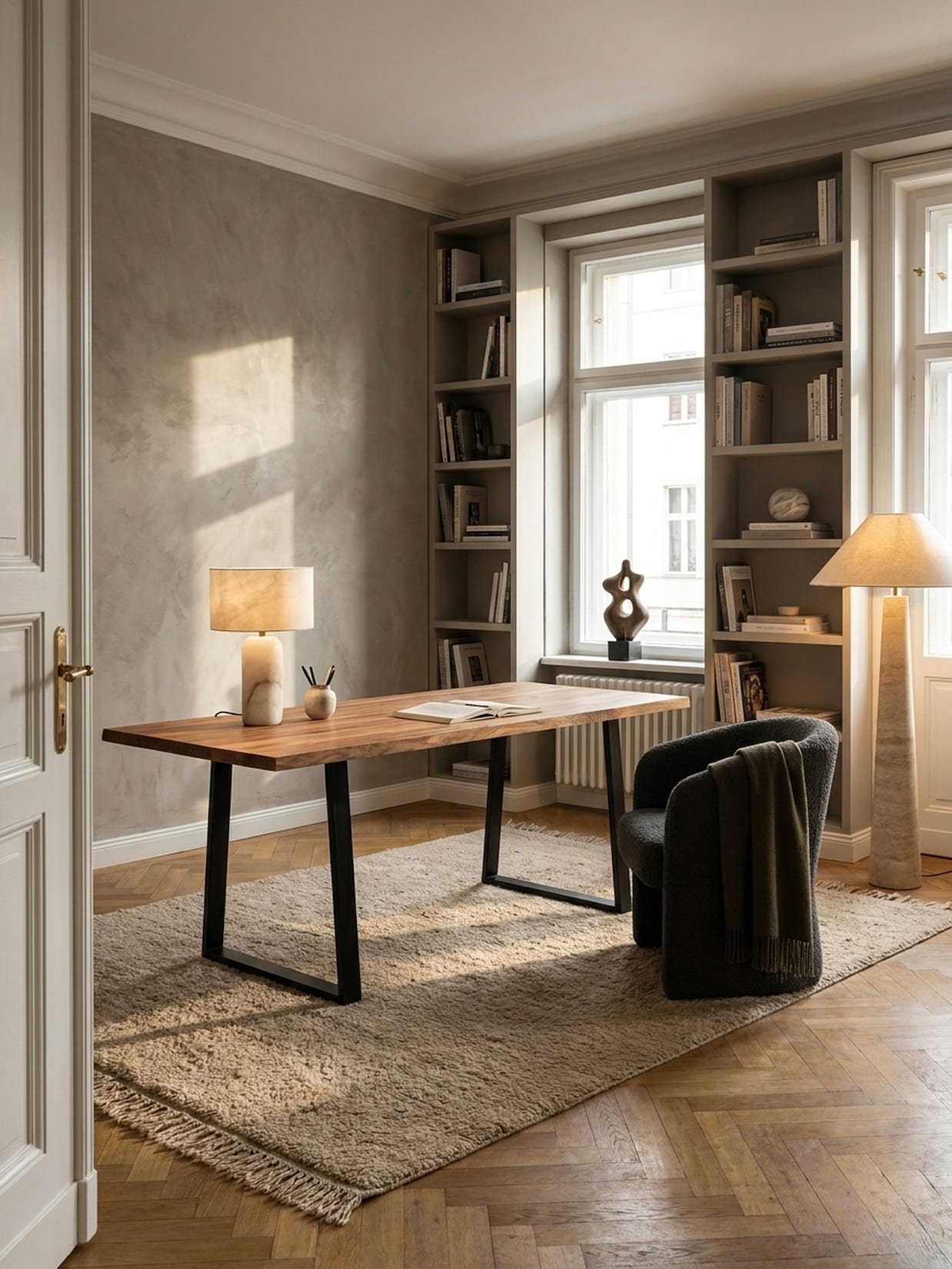 Schreibtisch Massivholz Baumkante Trapezgestell, Akazie 140x80x76 cm