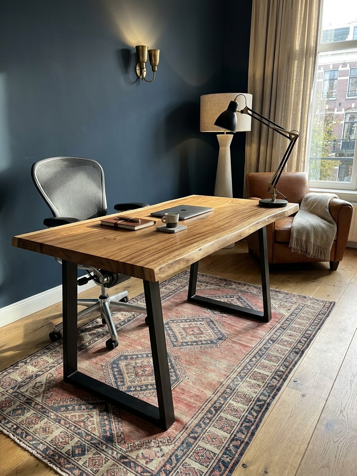 Schreibtisch Massivholz Baumkante Trapezgestell, Akazie 160x80x76 cm