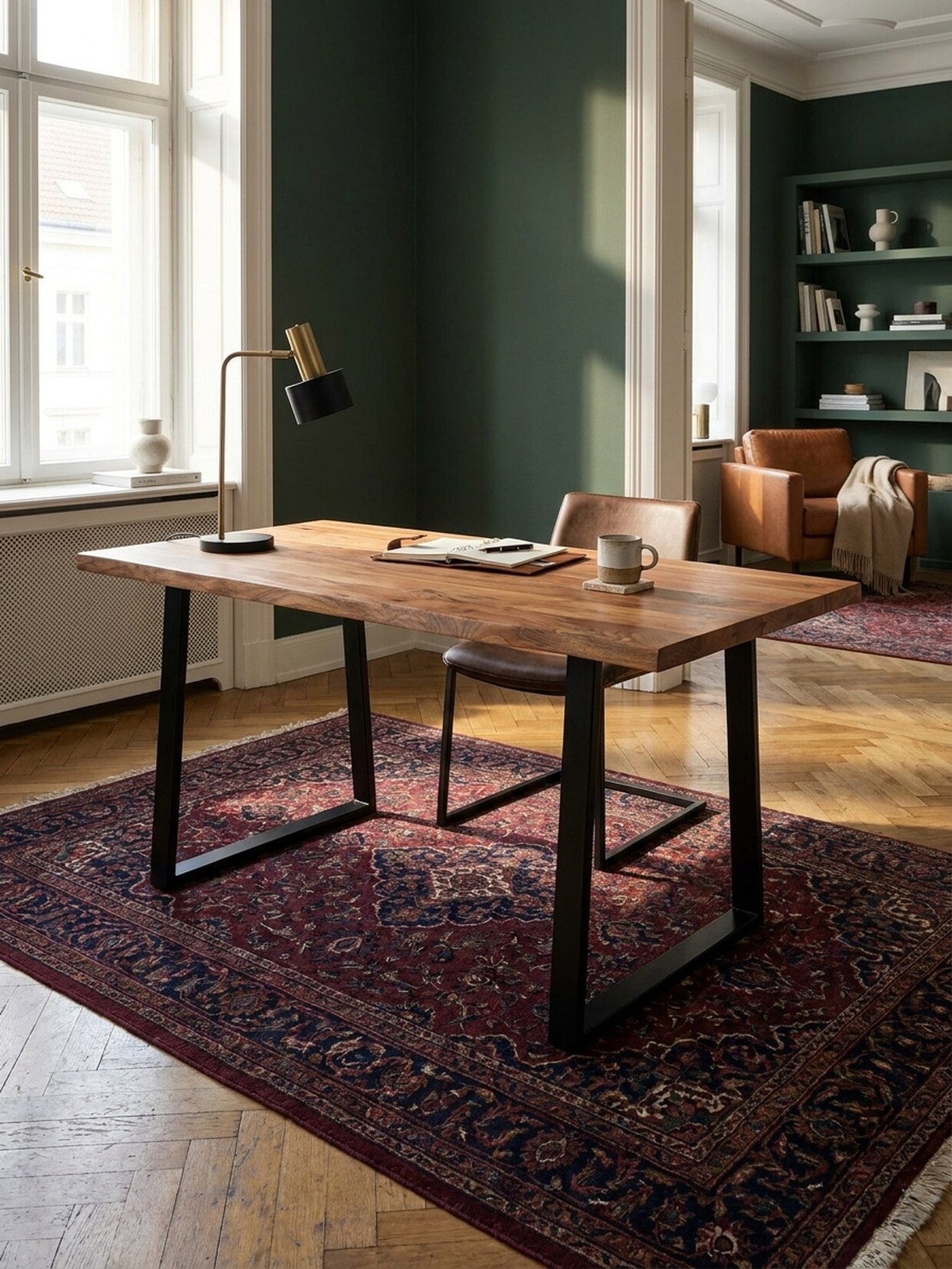 Schreibtisch Massivholz Baumkante Trapezgestell, Akazie 200x100x76 cm