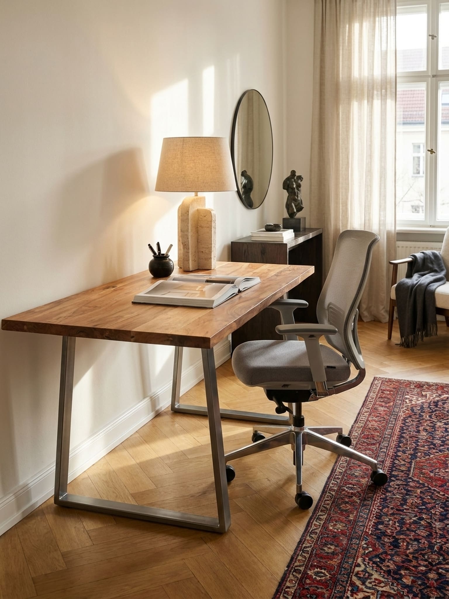 Schreibtisch Massivholz Baumkante mit Trapezgestell, Akazie 160x80x76 cm 