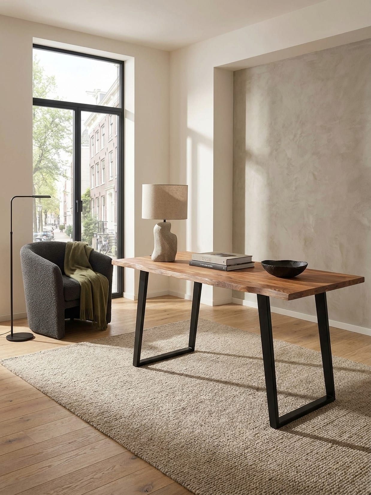 Schreibtisch Massivholz Baumkante mit U-Gestell, Akazie 180x90x76 cm