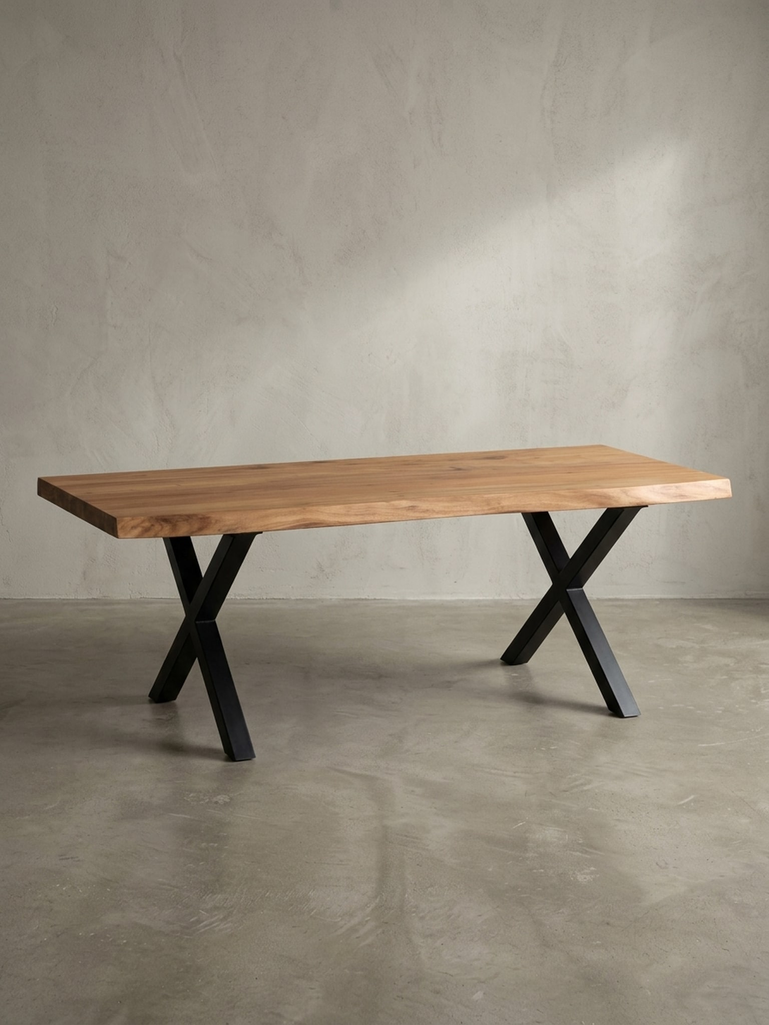 Couchtisch Braun Massivholz Akazie Baumkante 120x60x46cm, Metallbeine X-Form 