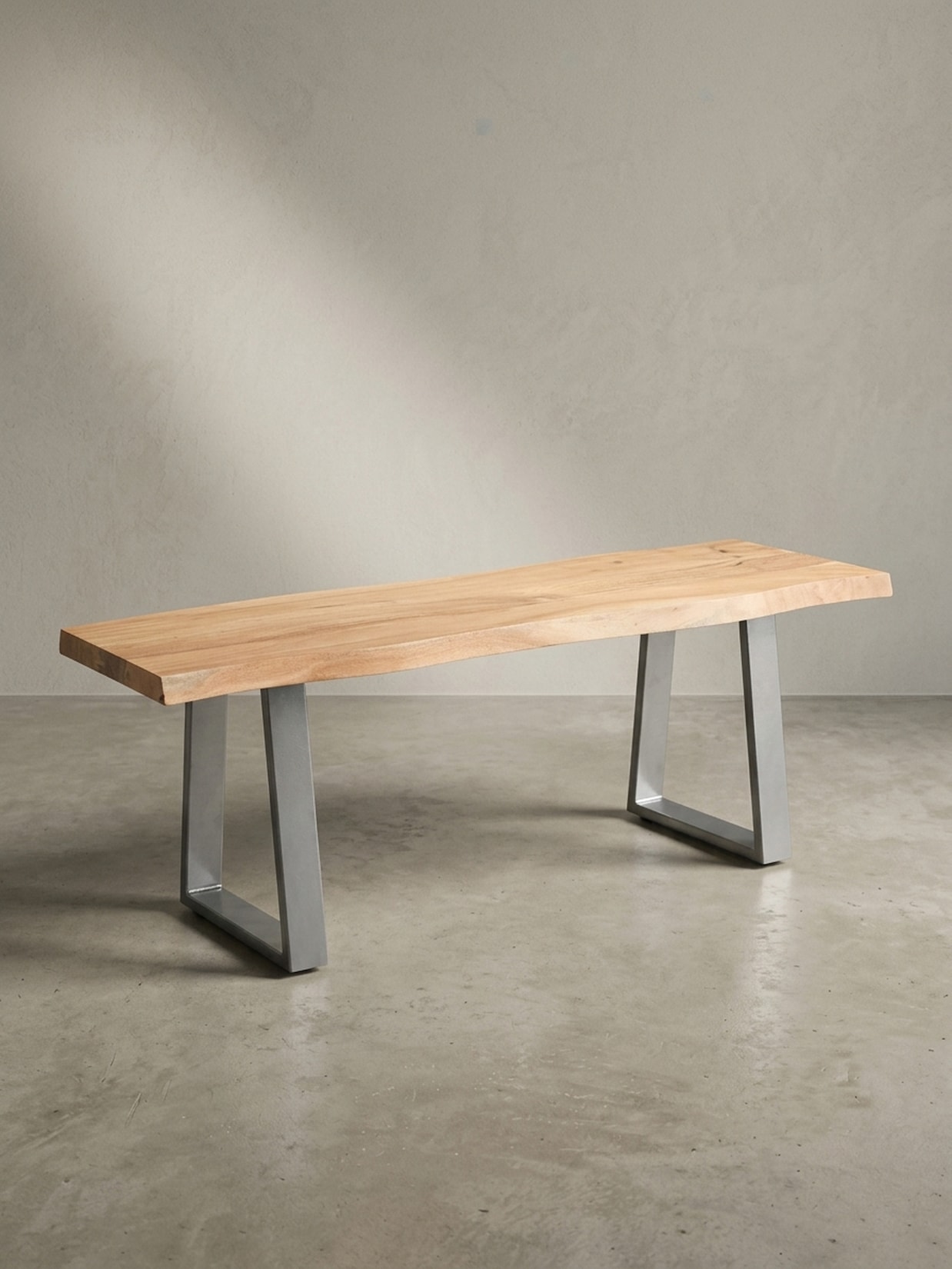 Garderobenbank Massivholz Metall Baumkante, Akazie-Silber 120x40x46 cm