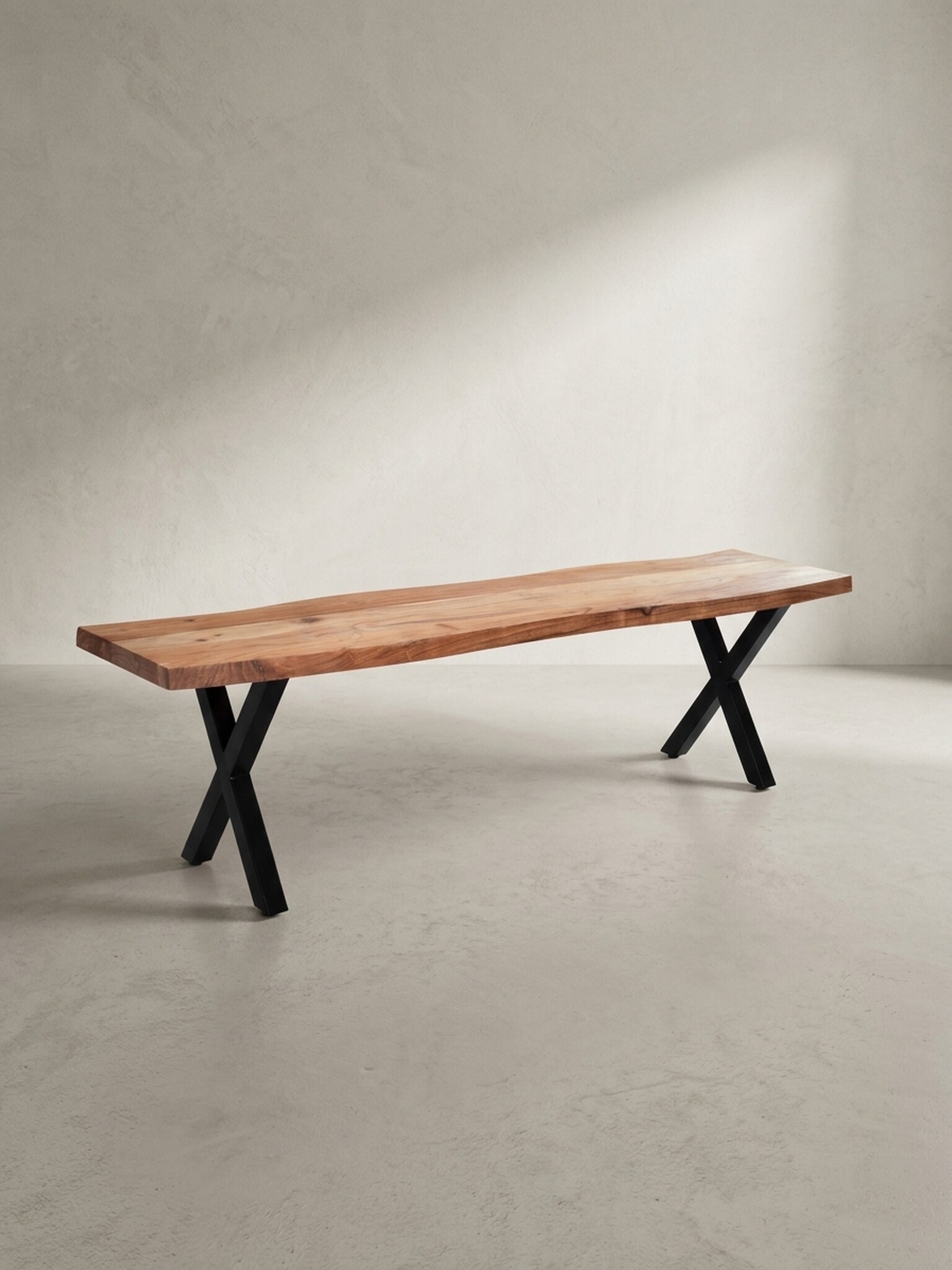 Esszimmerbank Massivholz Metall Baumkante X-Beine, Akazie 120x40x46 cm 