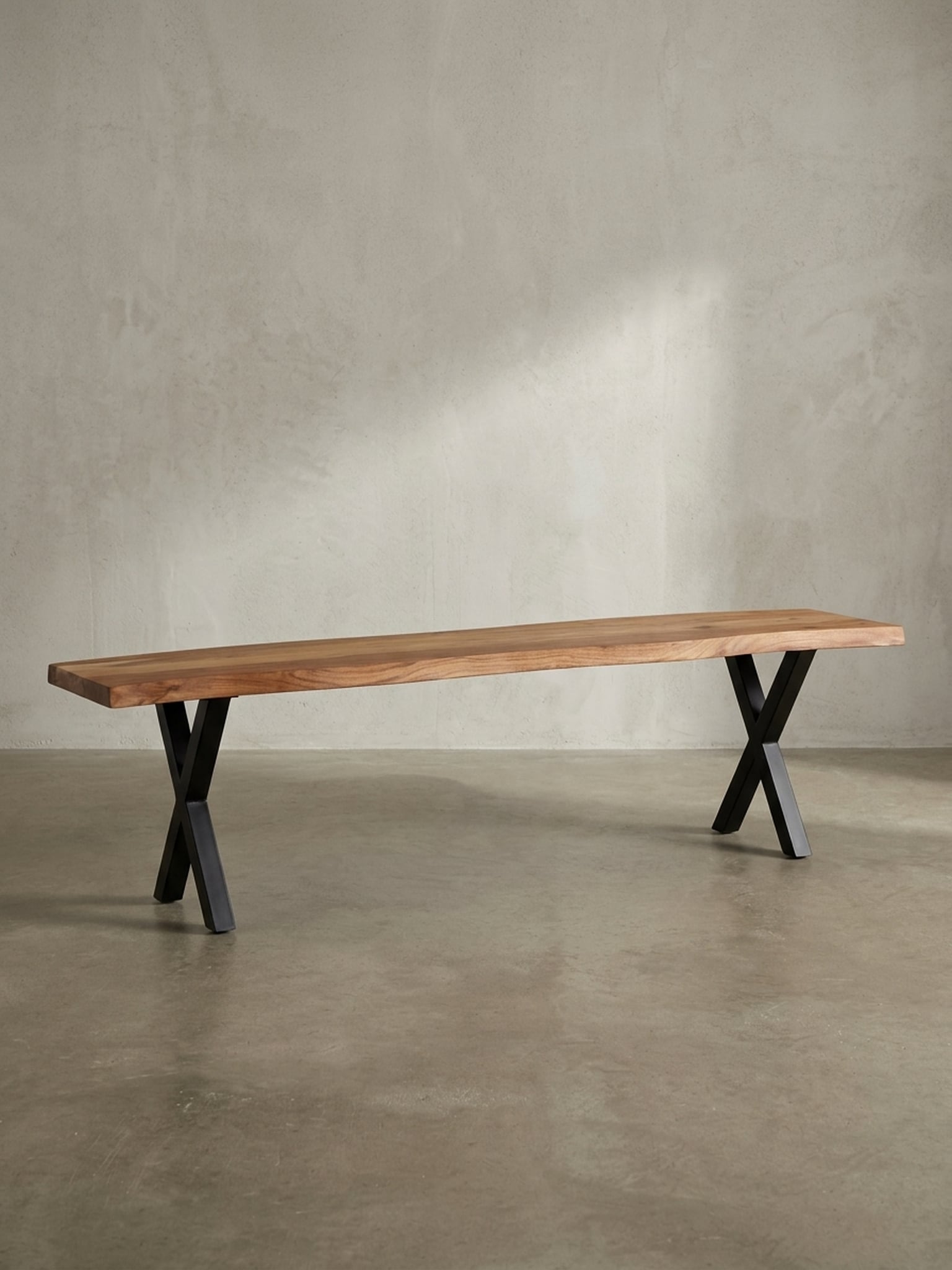 Esszimmerbank Massivholz Metall Baumkante X-Beine, Akazie 140x40x46 cm 