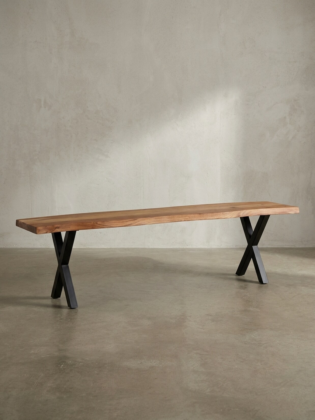 Esszimmerbank Massivholz Metall Baumkante X-Beine, Akazie 140x40x46 cm