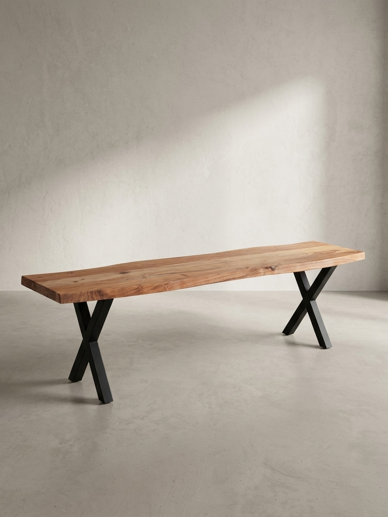 Esszimmerbank Massivholz Metall Baumkante X-Beine, Akazie 160x40x46 cm