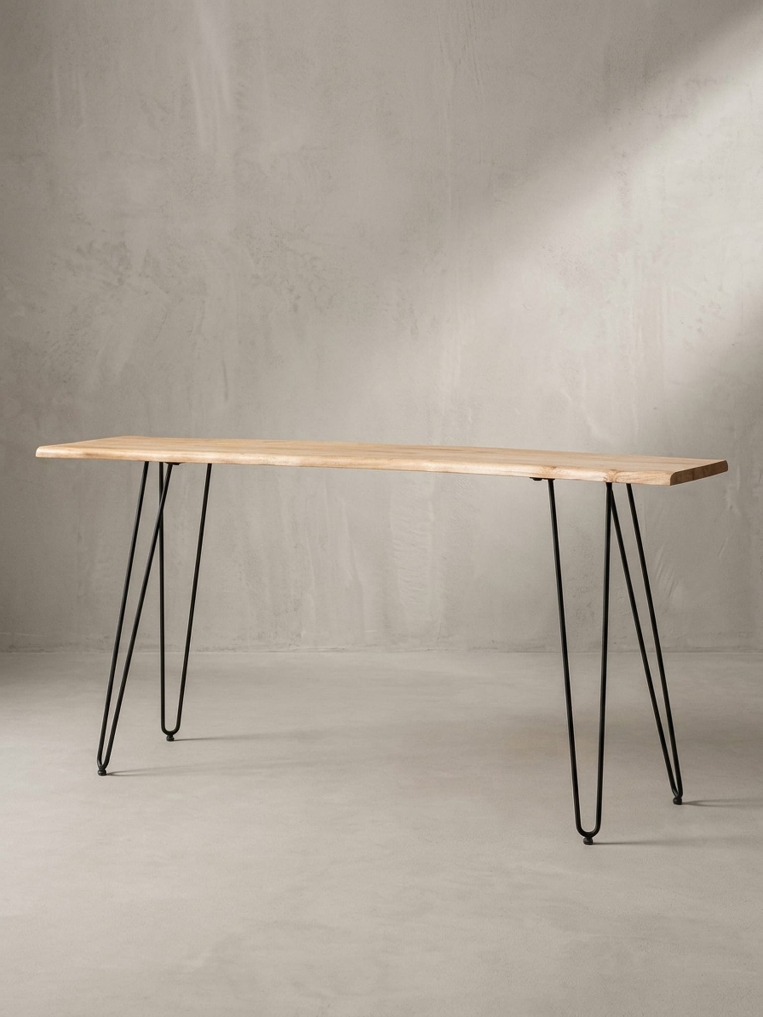 Konsolentisch &ndash; Akazie Massivholz, 150x36x75&nbsp;cm, mit Baumkante, Haarnadelbeine, Metallgestell 