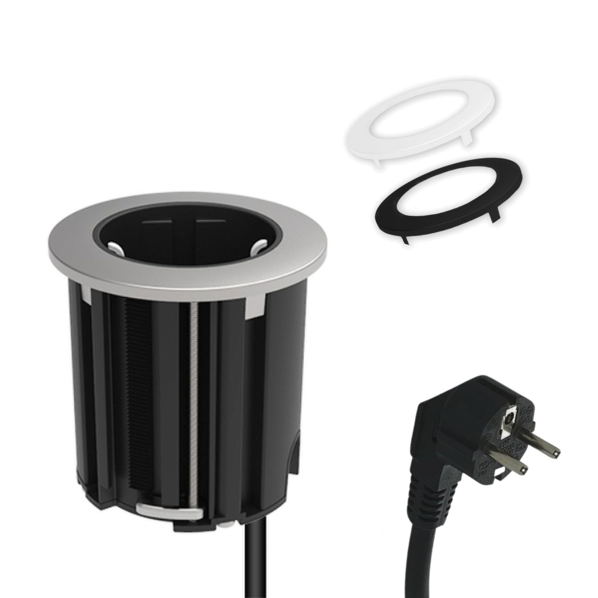 kalb | Einbausteckdose 230V Tischsteckdose 54mm rund f&uuml;r Montage in und an M&ouml;beln / Platten, mit EU-Stecker, inkl. farbiger Blenden 