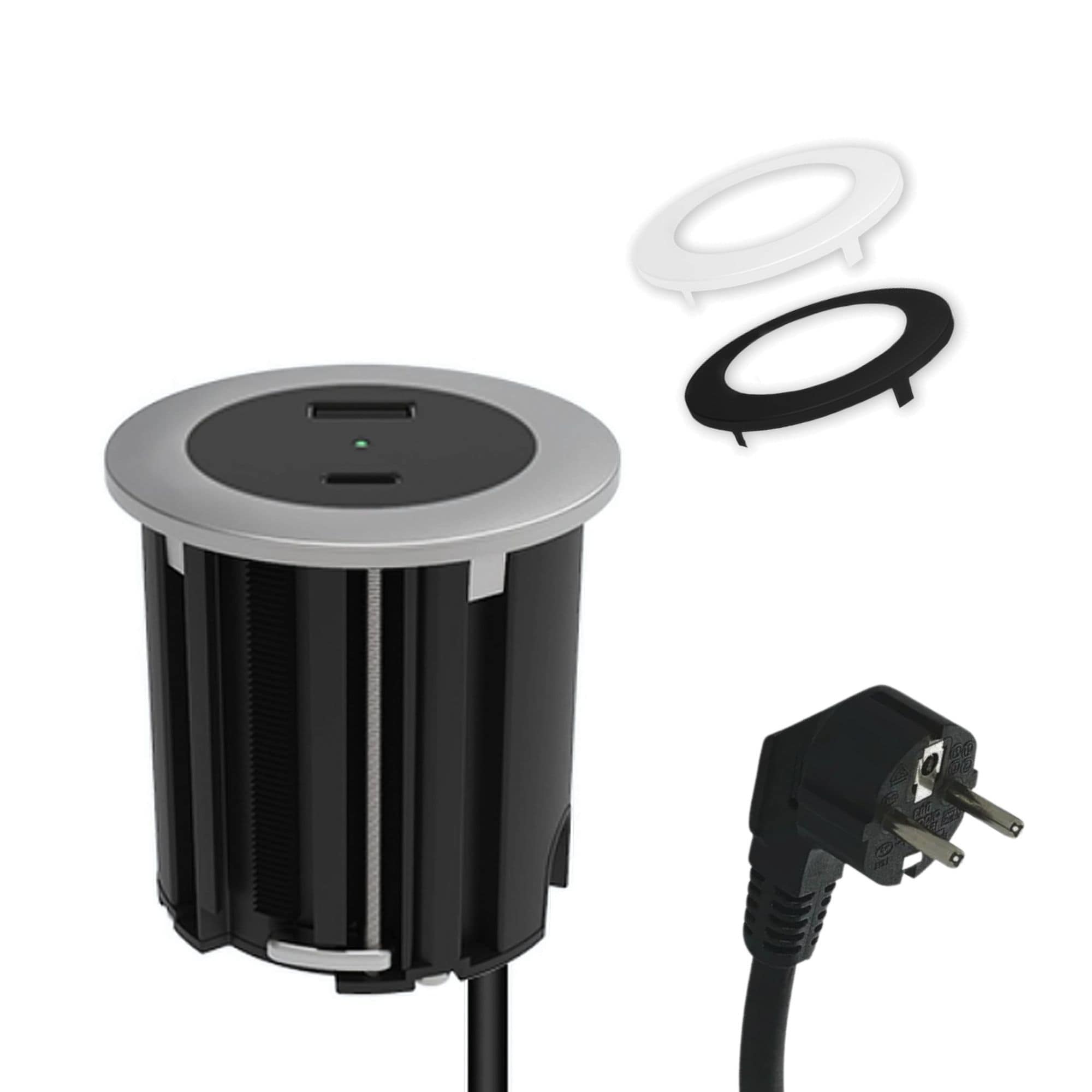 kalb | USB Einbausteckdose mit 2 USB-Anschl&uuml;ssen, 54mm rund f&uuml;r Montage in und an M&ouml;beln / Platten, mit EU-Stecker, inkl. farbiger Blenden 