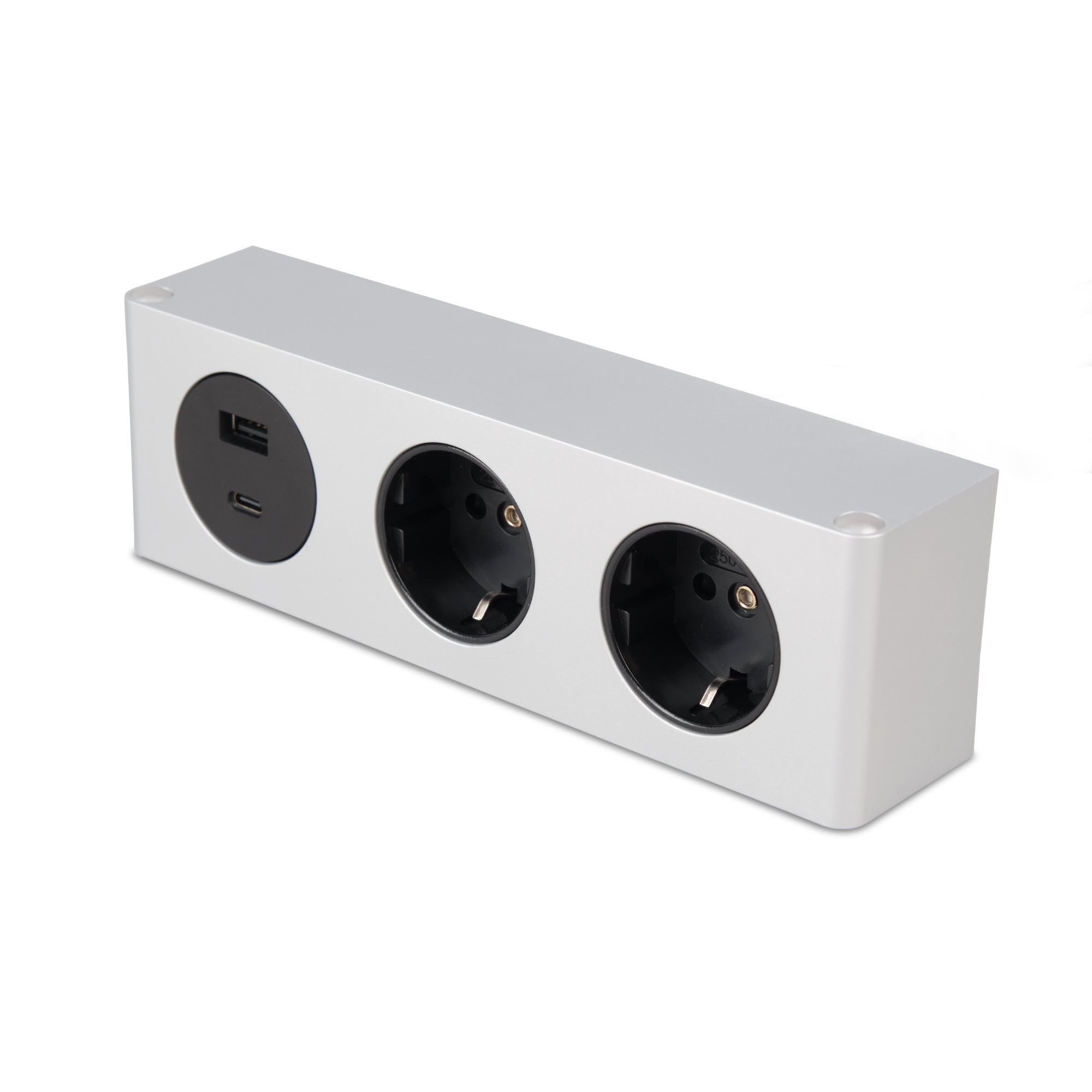 kalb | 3-fach Steckdosenleiste zur Montage, 2x 230V und 2x USB Steckdosen, 200x46x62.5 mm, Anschlusskabel mit Stecker, silber 