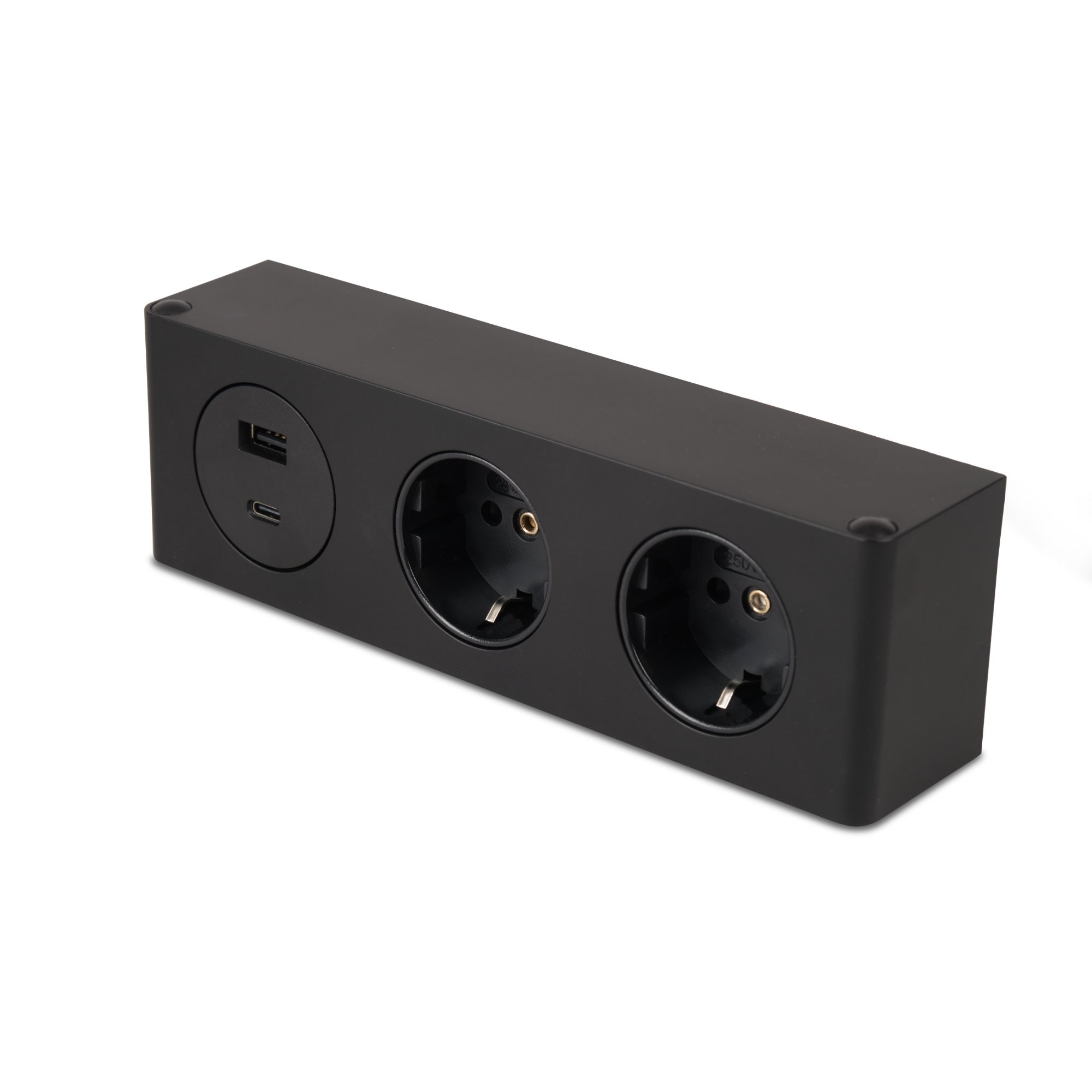 kalb | 3-fach Steckdosenleiste zur Montage, 2x 230V und 2x USB Steckdosen, 200x46x62.5 mm, Anschlusskabel mit Stecker, schwarz 