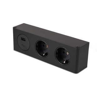 kalb | 3-fach Steckdosenleiste zur Montage, 2x 230V und 2x USB Steckdosen, 200x46x62.5 mm, Anschlusskabel mit Stecker, schwarz 