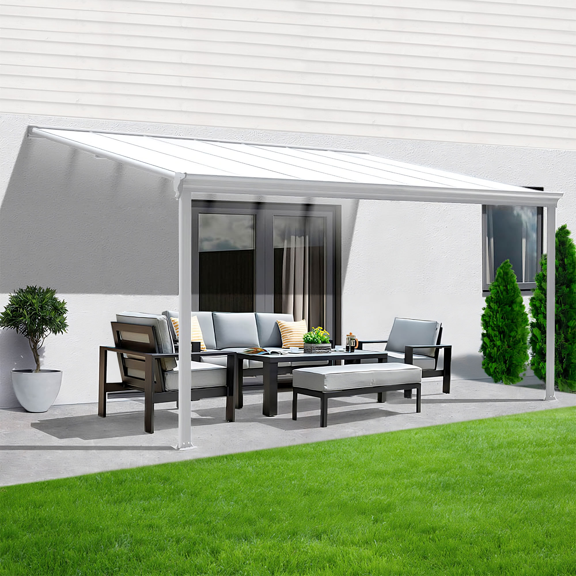 Terrassen&uuml;berdachung Aluminium 312 cm als Bausatz Sichtschienen und Hohlkammerplatten Wei&szlig; 