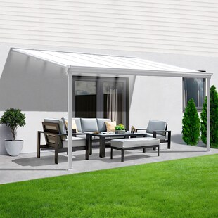 Terrassenüberdachung Aluminium 312 cm als Bausatz Sichtschienen und Hohlkammerplatten Weiß 