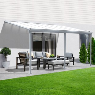 Terrassenüberdachung Aluminium 434 cm als Bausatz Sichtschienen und Hohlkammerplatten Weiß 