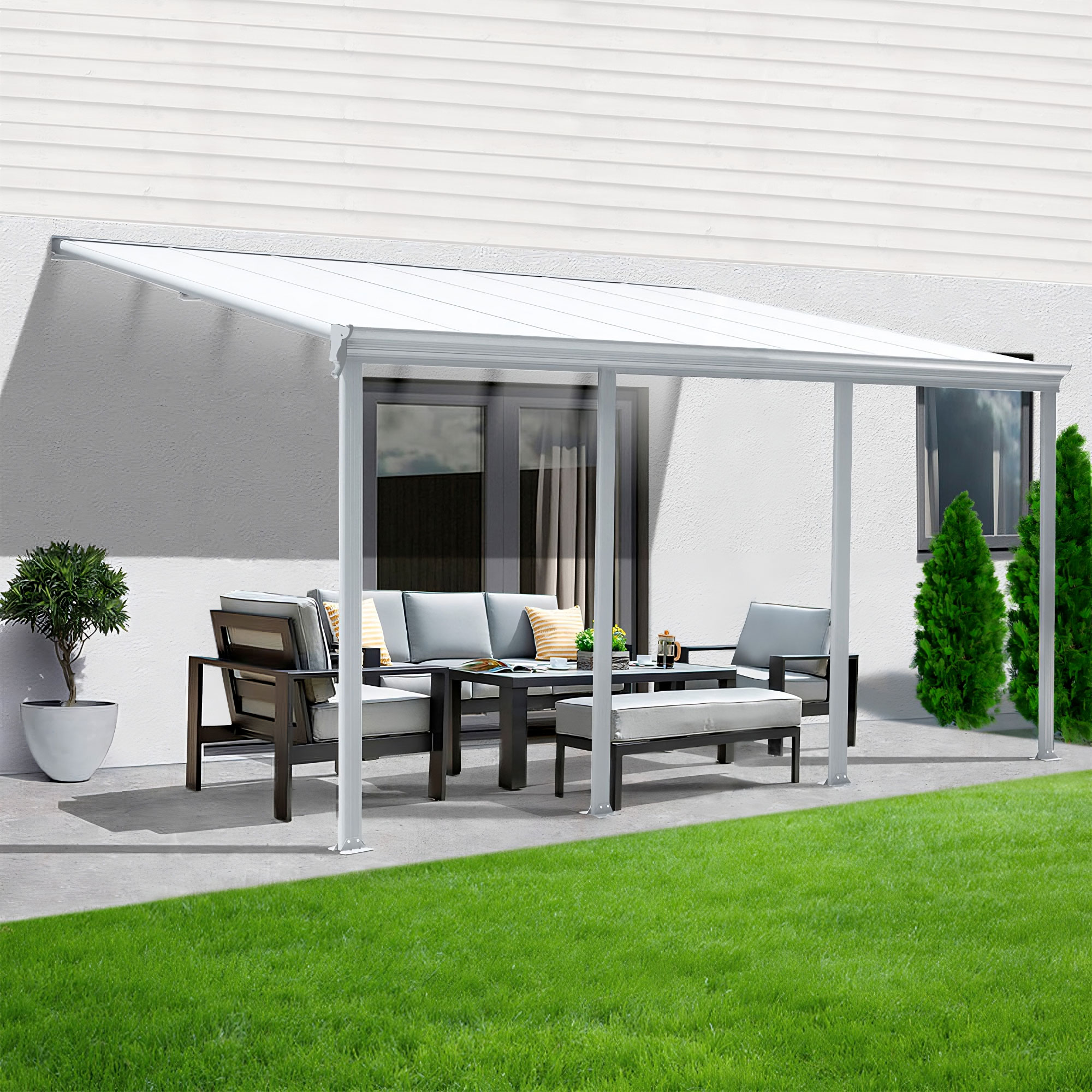 Terrassen&uuml;berdachung Aluminium 618 cm als Bausatz Sichtschienen und Hohlkammerplatten Wei&szlig; 