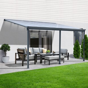 Terrassenüberdachung Aluminium 434 cm als Bausatz Sichtschienen und Hohlkammerplatten Grau 