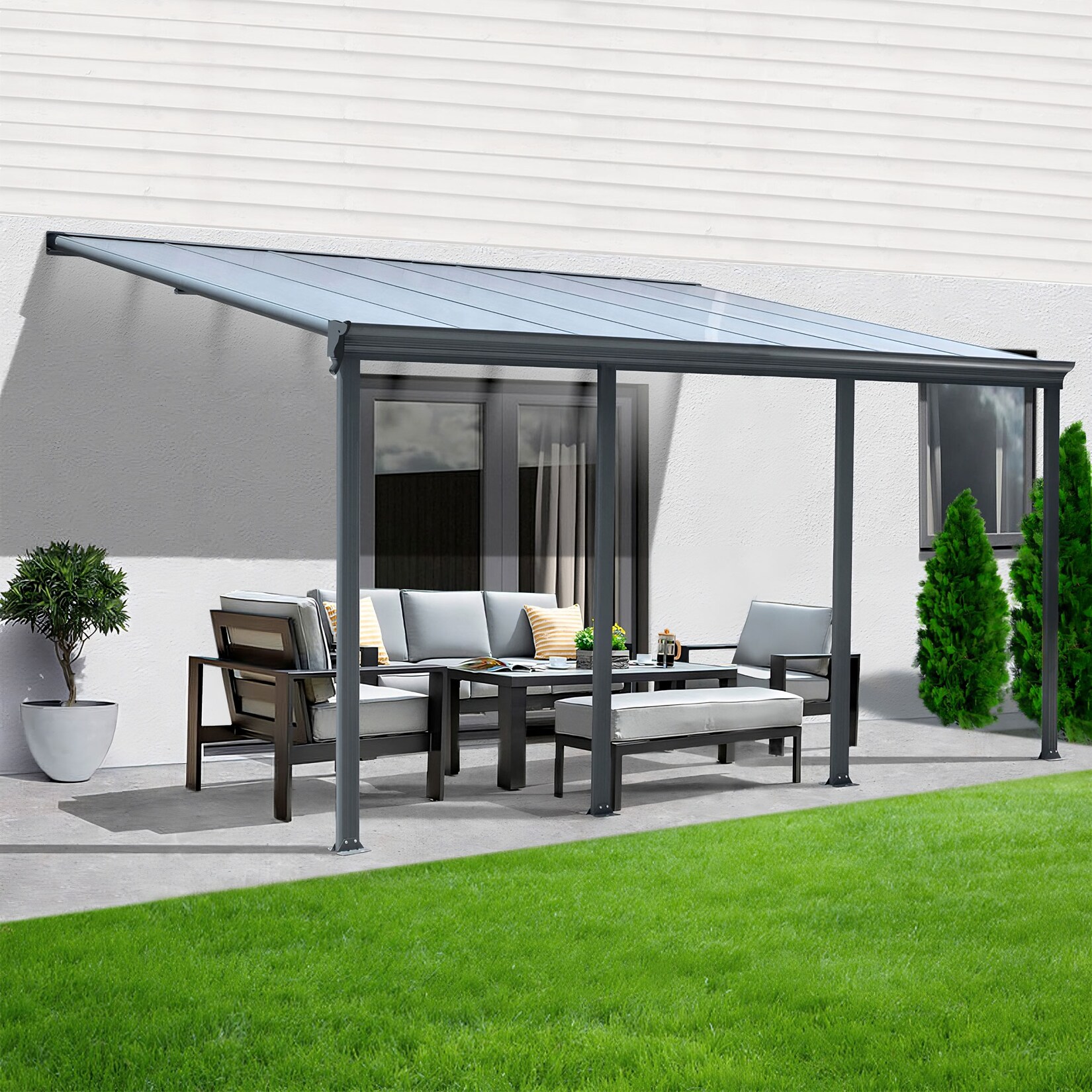 Terrassenüberdachung Aluminium 618 cm als Bausatz Sichtschienen und Hohlkammerplatten Grau