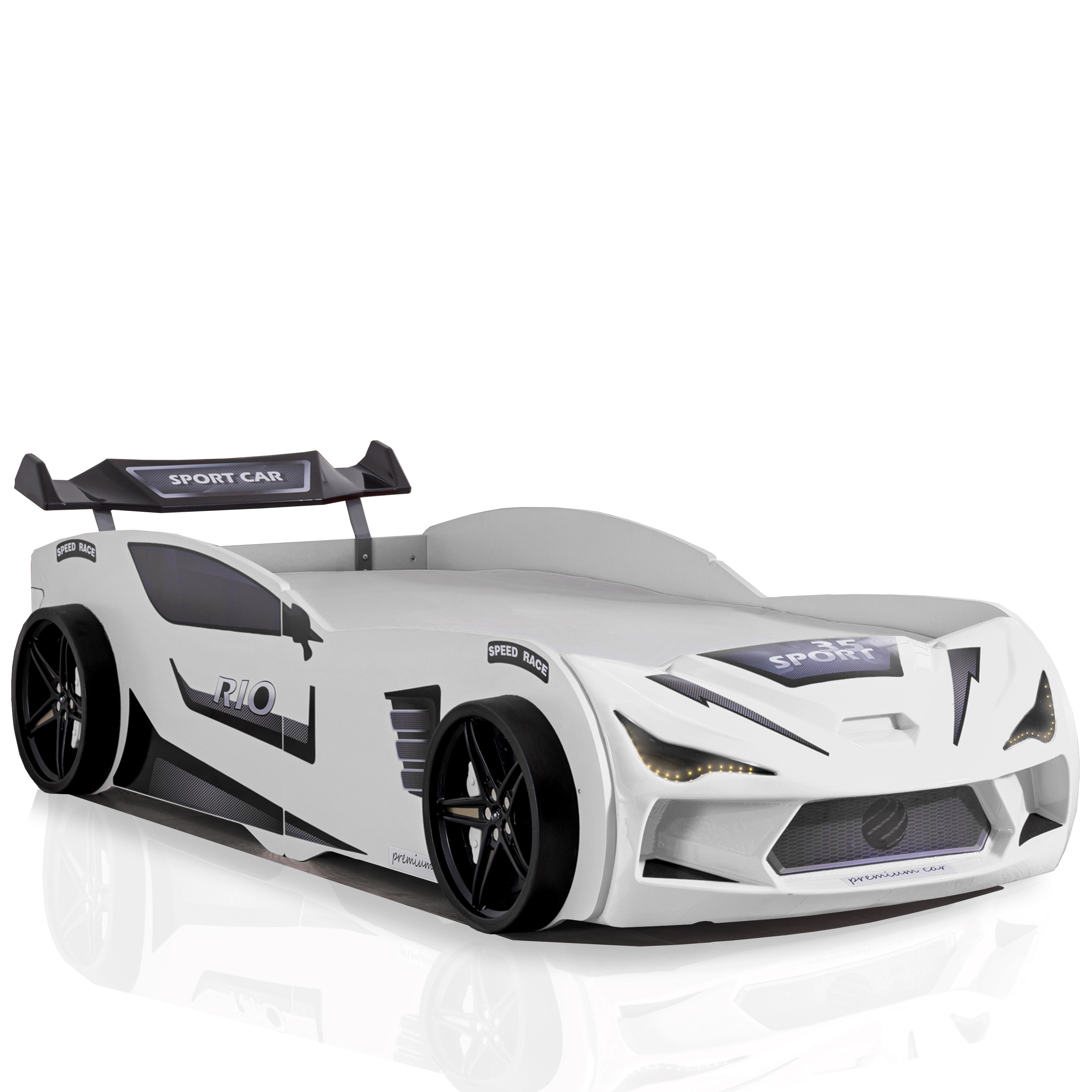 Autobett 90x200 Rio Kinderbett mit LED Leuchte und Lattenrost Wei&szlig; 