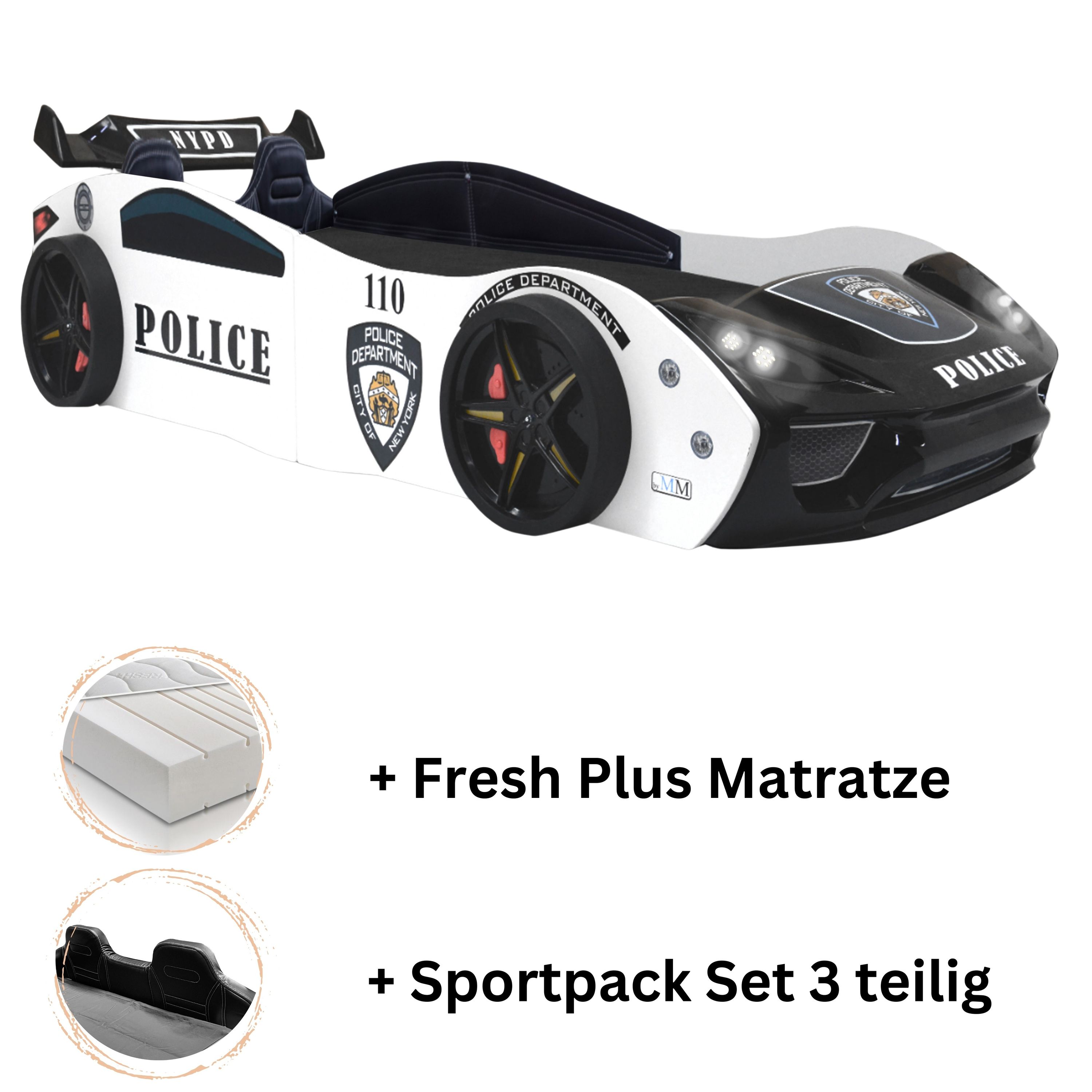 Autobett "Police" + Sportsitze Spielbett f&uuml;r Kinder 90x200 inkl. Lattenrost und Fresh Plus Matratze 