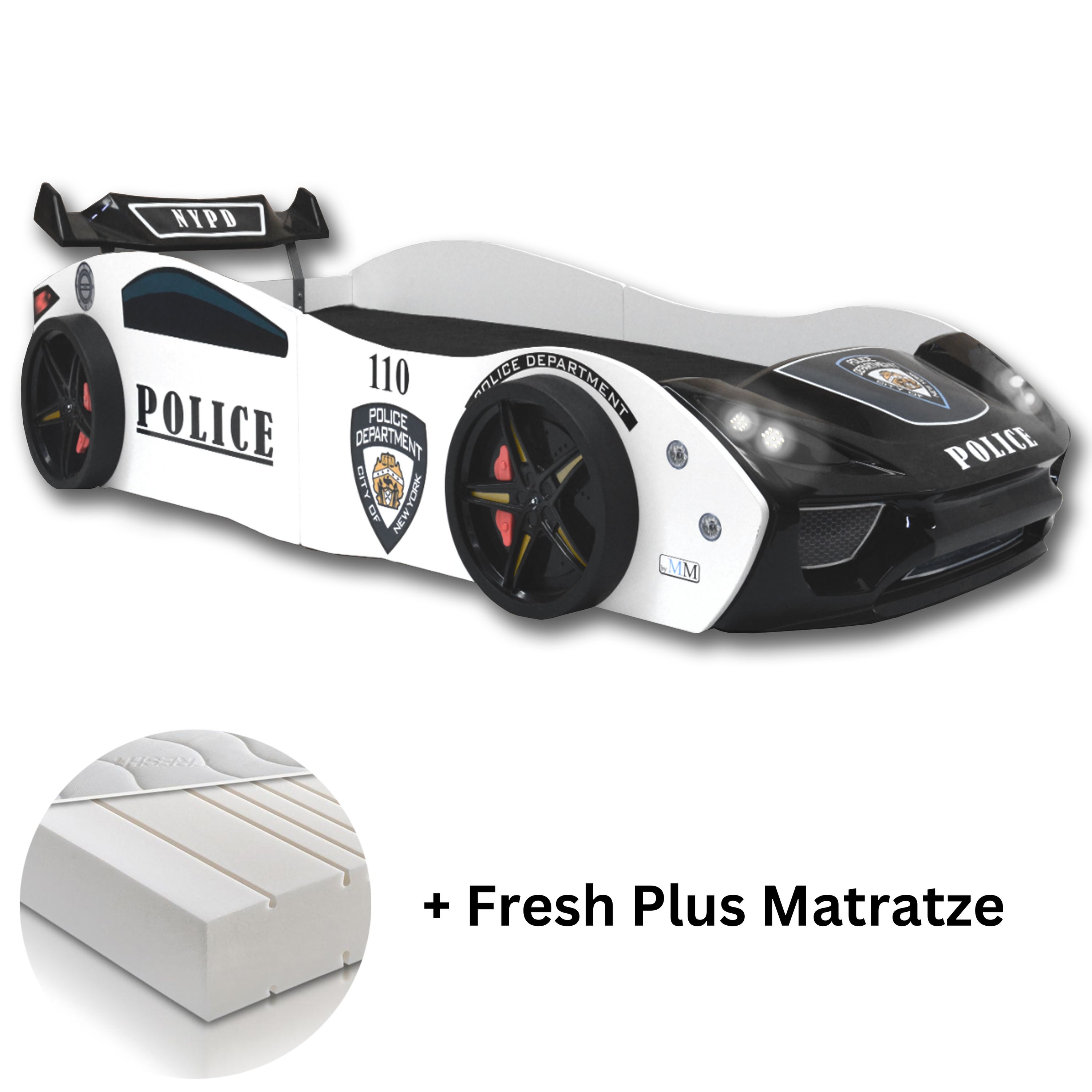Autobett "Police" Spielbett f&uuml;r Kinder 90x200 inkl. Lattenrost und Fresh Plus Matratze 