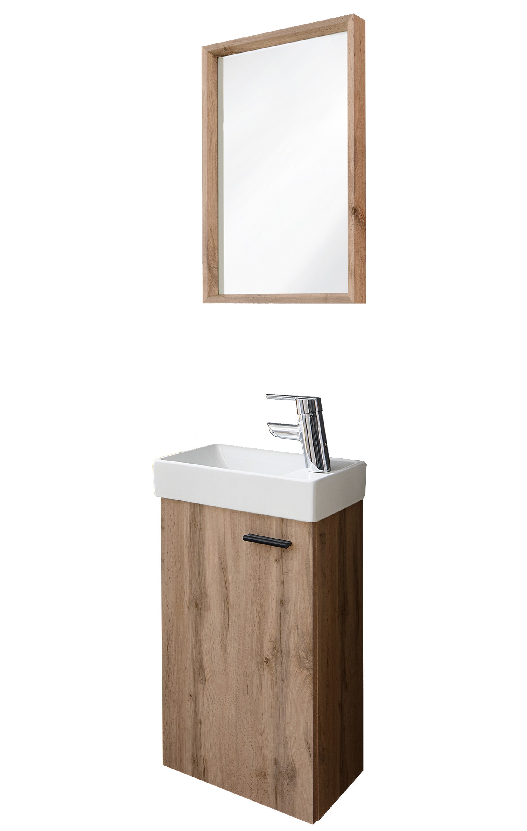 G&auml;ste WC Badm&ouml;bel Set Waschbecken mit Unterschrank inkl. Armatur klein Wildeiche 