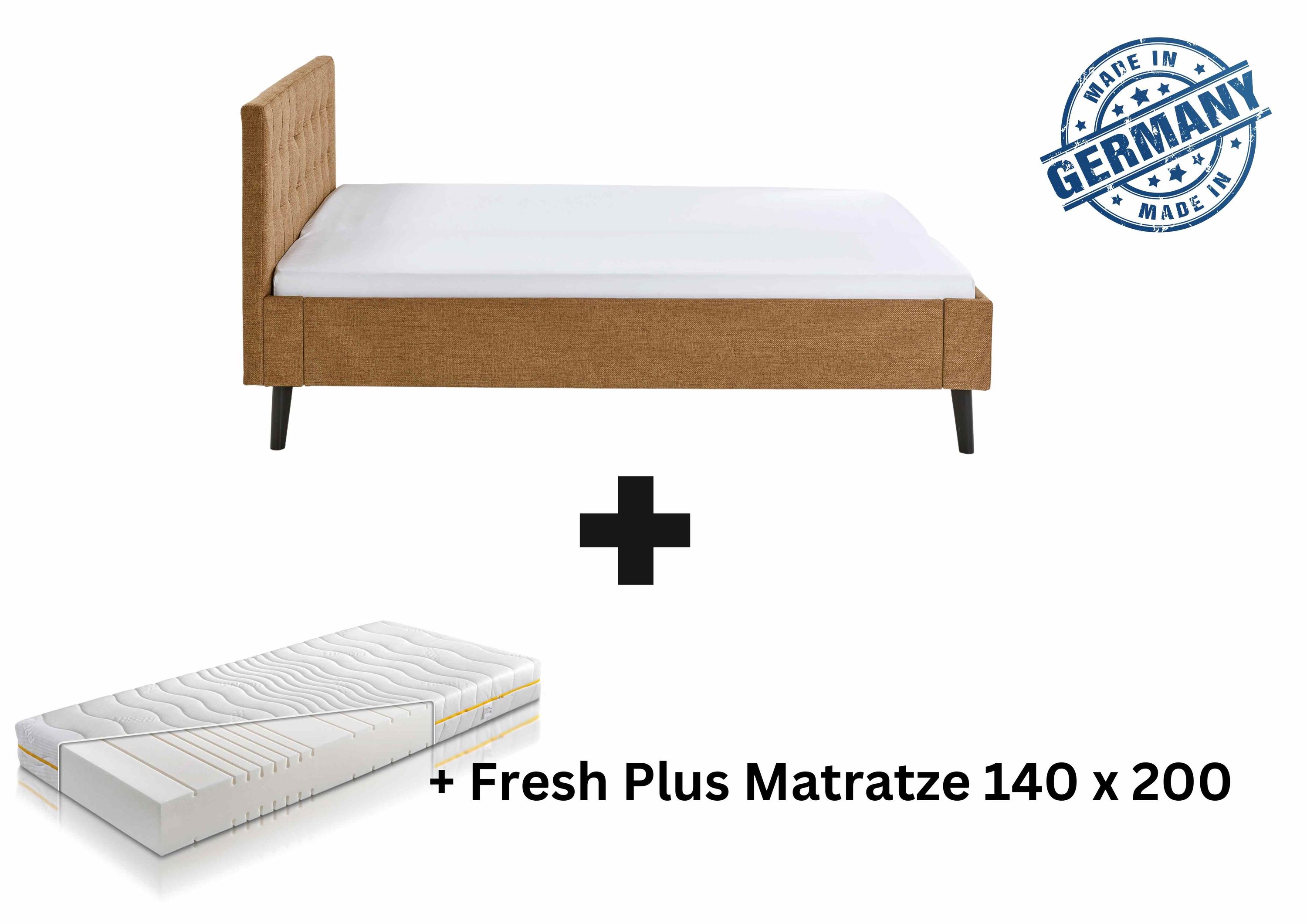 Polsterbett 140 x 200 Amira Bettgestell mit Kopfteil Ocker 