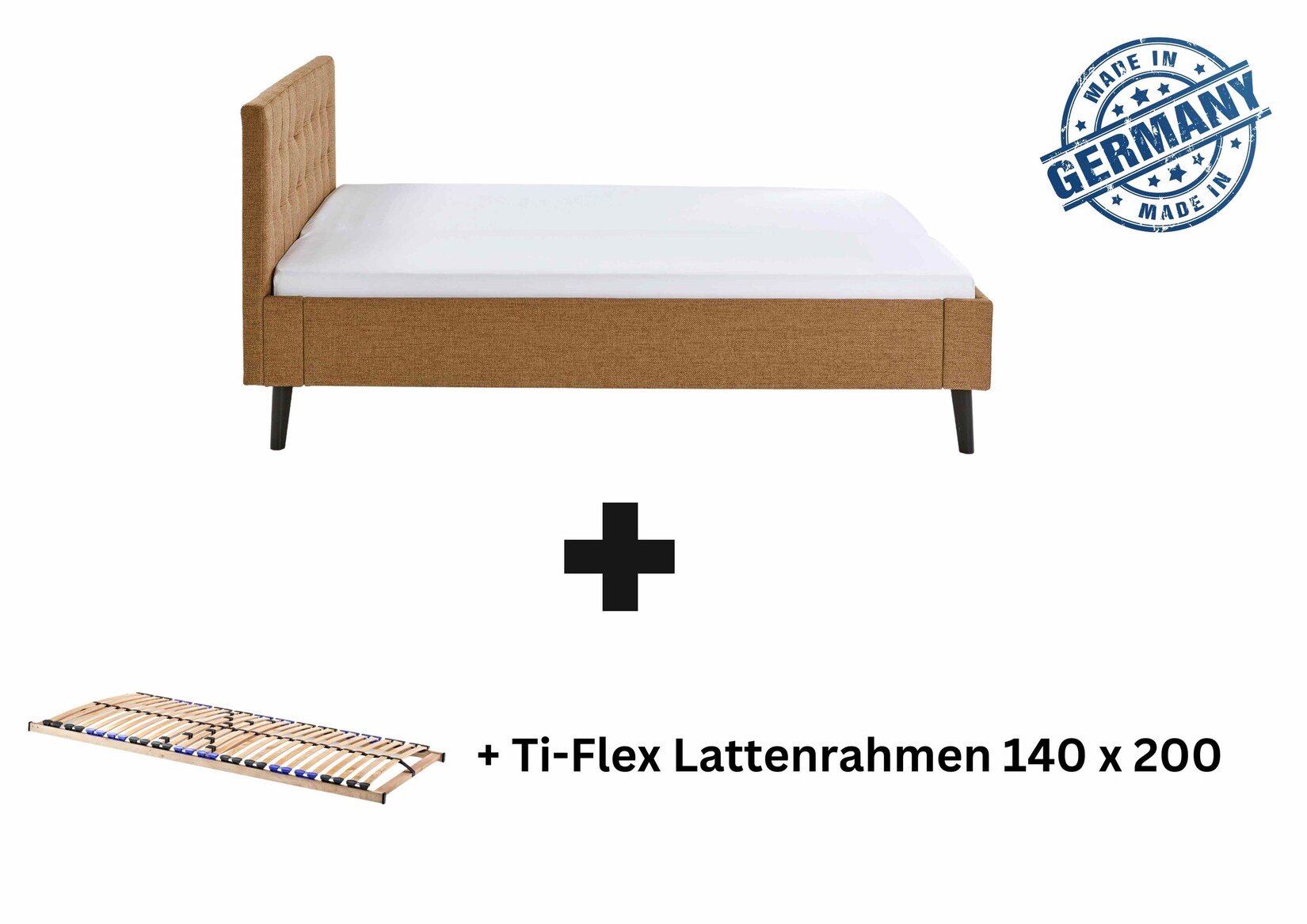 Polsterbett 140 x 200 Amira Bettgestell mit Kopfteil Ocker