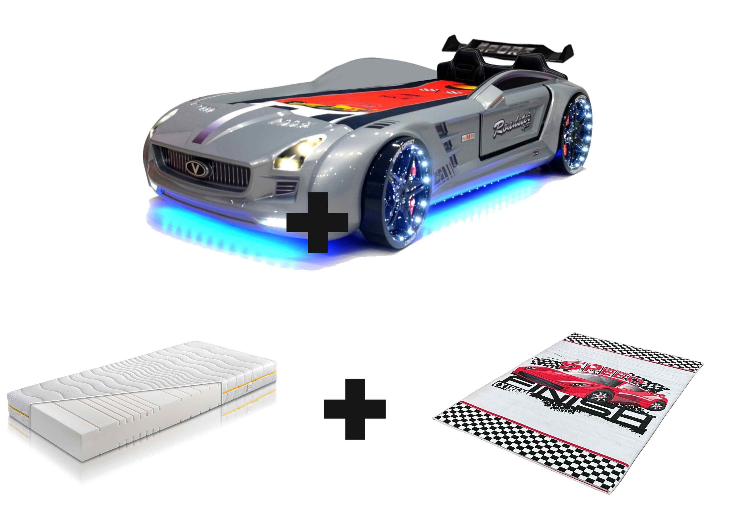 Autobett Kinderbett "Rio Roadster" LED Sound Sportsitze Lattenrost Spoiler 90x190 cm 