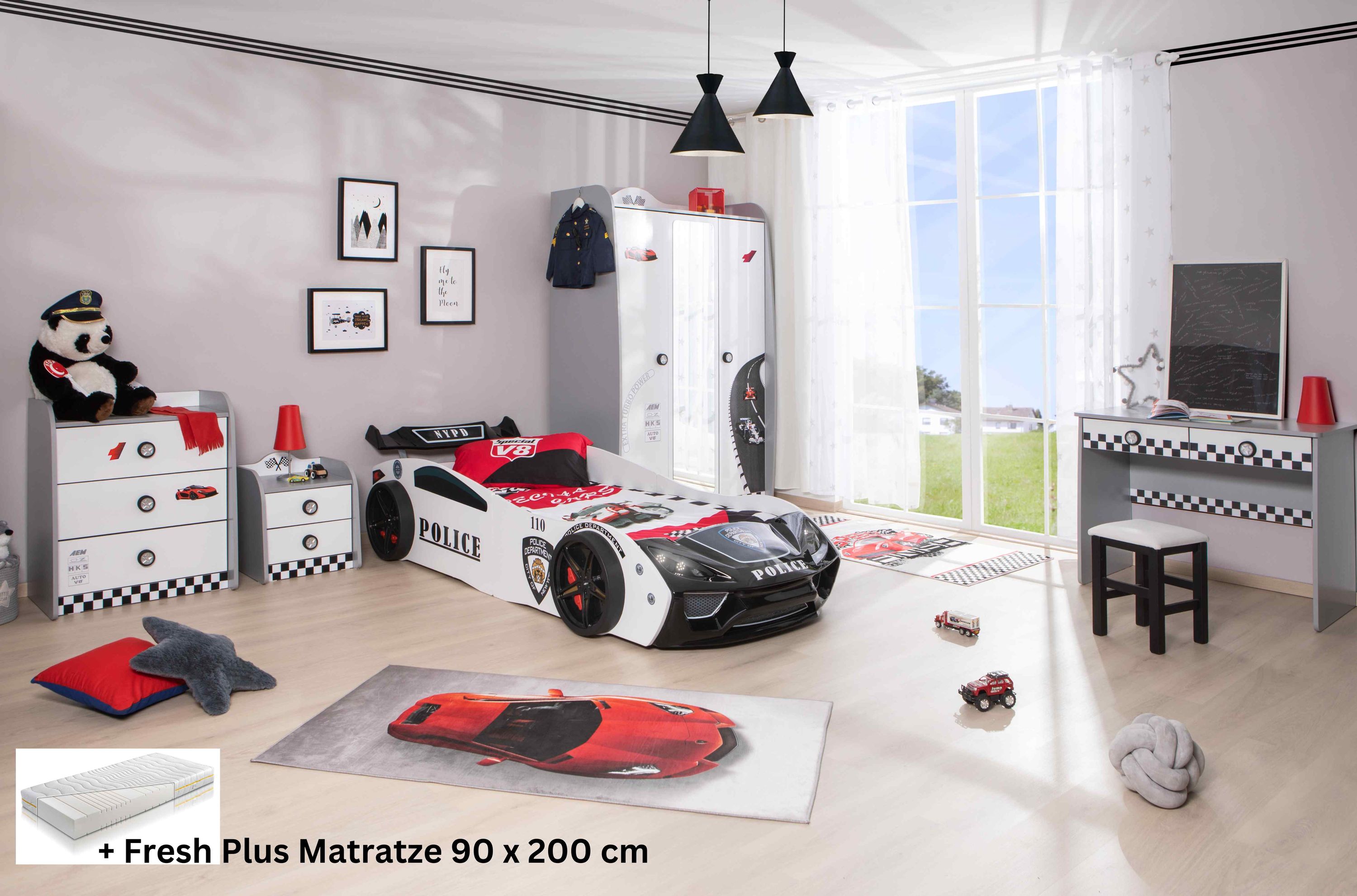 Kinderzimmer Set mit Police Autobett 5 teilig Wei&szlig; 