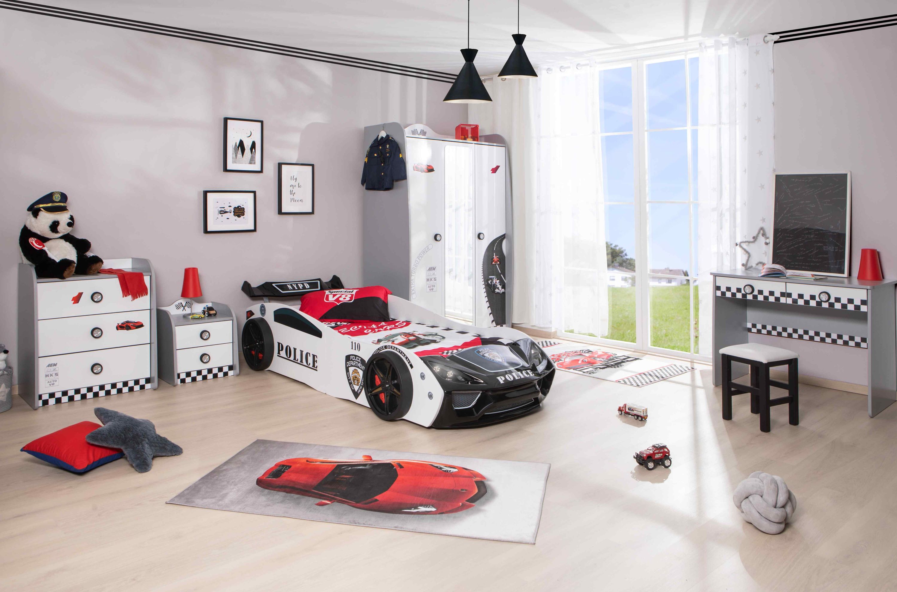 Kinderzimmer Set mit Police Autobett 5 teilig Wei&szlig; 