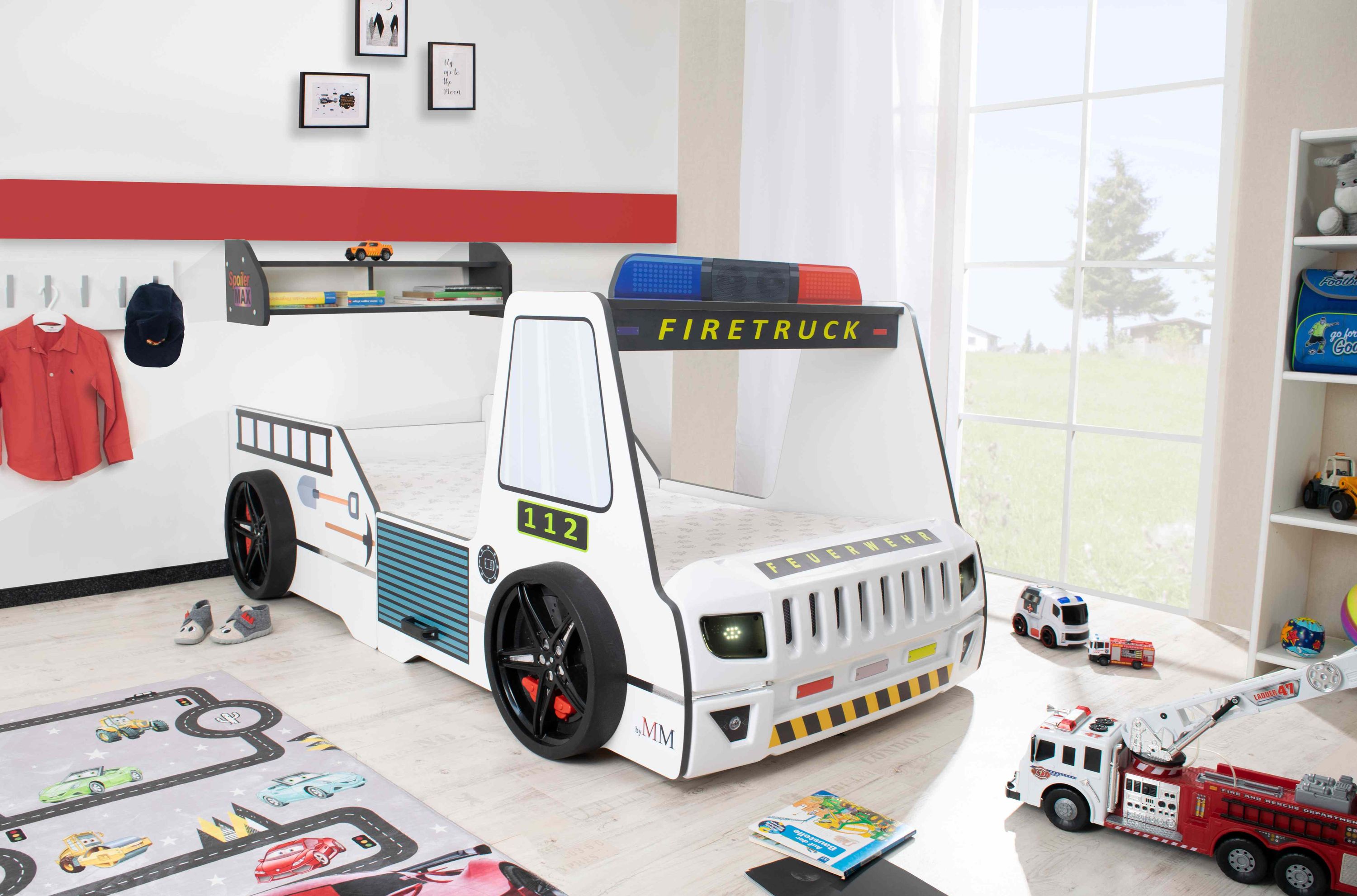 Autobett Kinder 90x200 cm Feuerwehrbett "Rio Firetruck" mit LED-Licht und Sirenenoptik 
