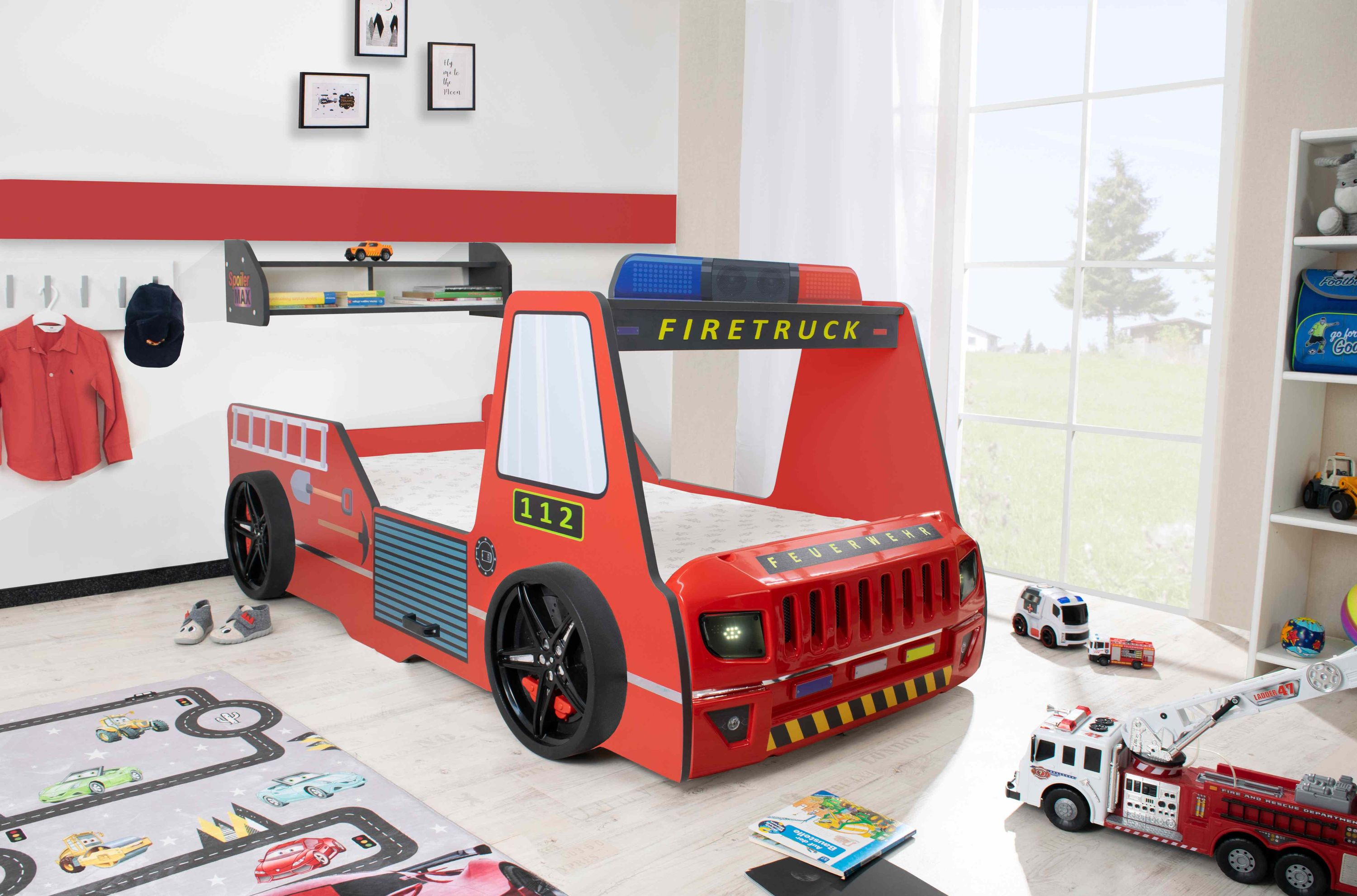 Autobett Kinder 90x200 cm Feuerwehrbett "Rio Firetruck" mit LED-Licht und Sirenenoptik 