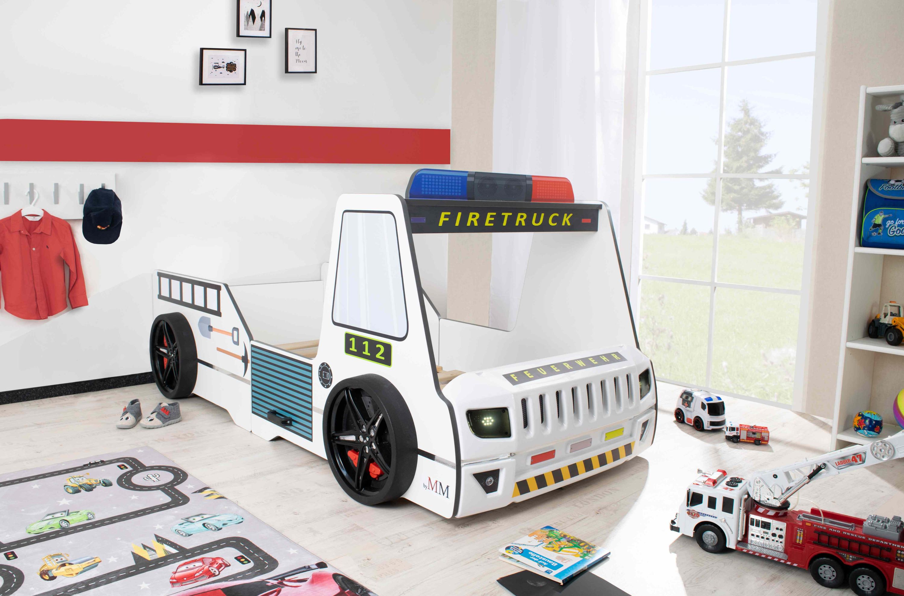 Autobett Kinder 90x200 cm Feuerwehrbett "Rio Firetruck" mit LED-Licht und Sirenenoptik 