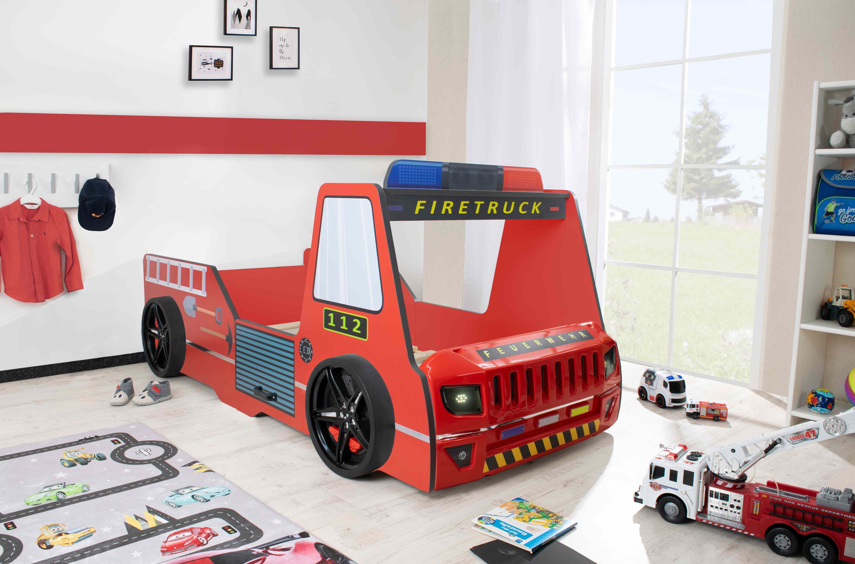 Autobett Kinder 90x200 cm Feuerwehrbett "Rio Firetruck" mit LED-Licht und Sirenenoptik 